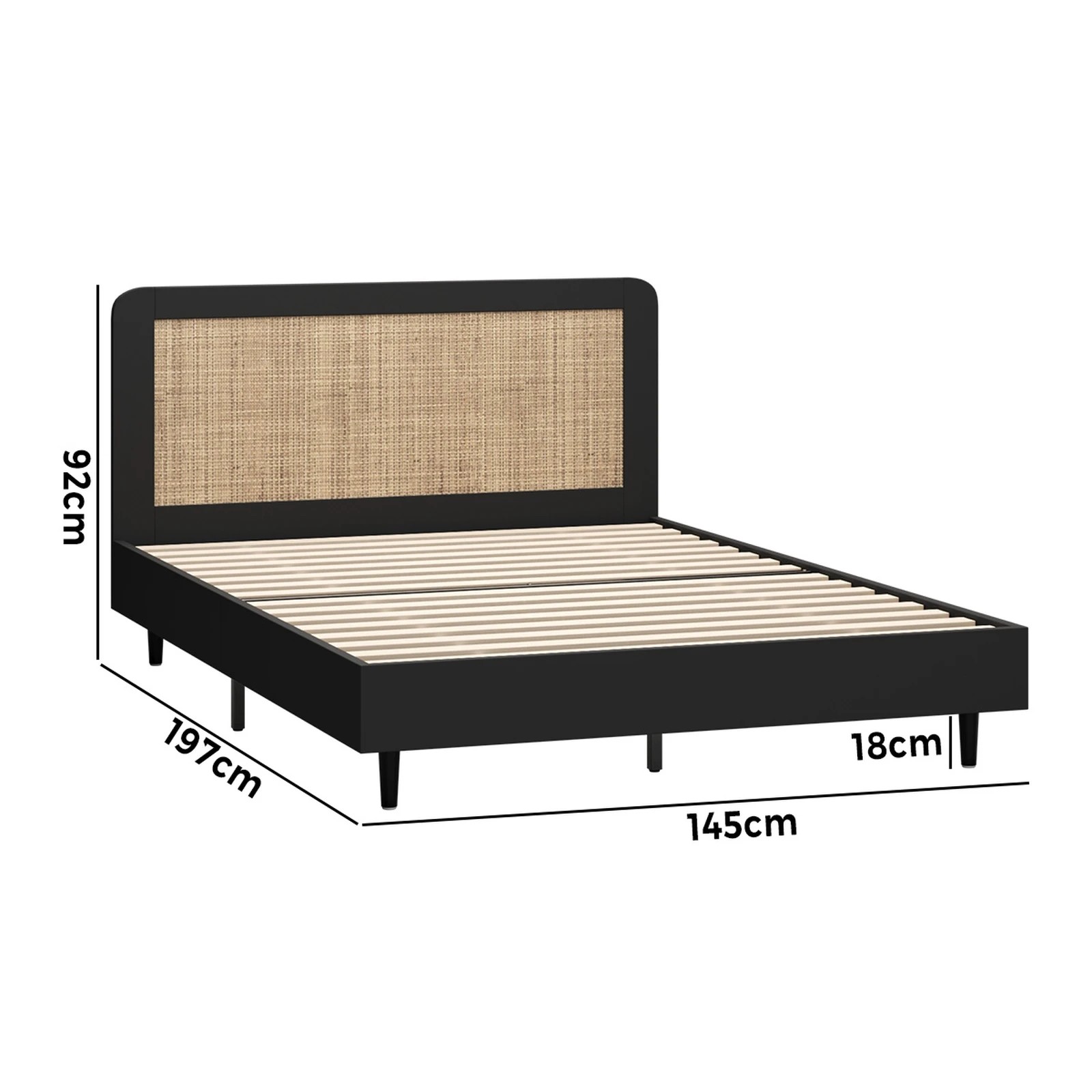 2 Oikiture Bed Frame Double Size Beds Real Rattan Headboard - Black, 2 of 9