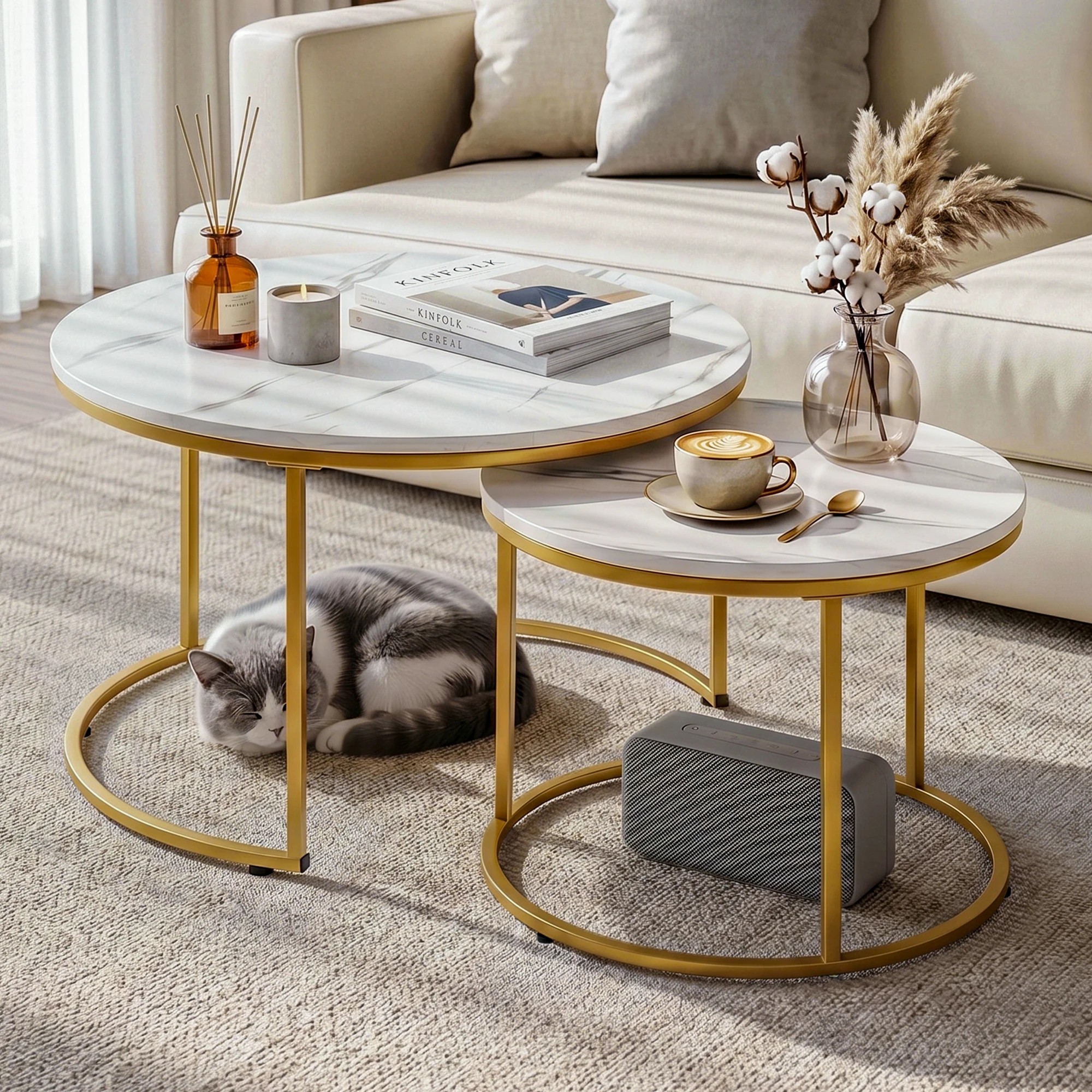 8 Artiss Nesting Coffee Table Set of 2 Round Marble Effect End Side Table 70/50cm - Multi, 8 of 8