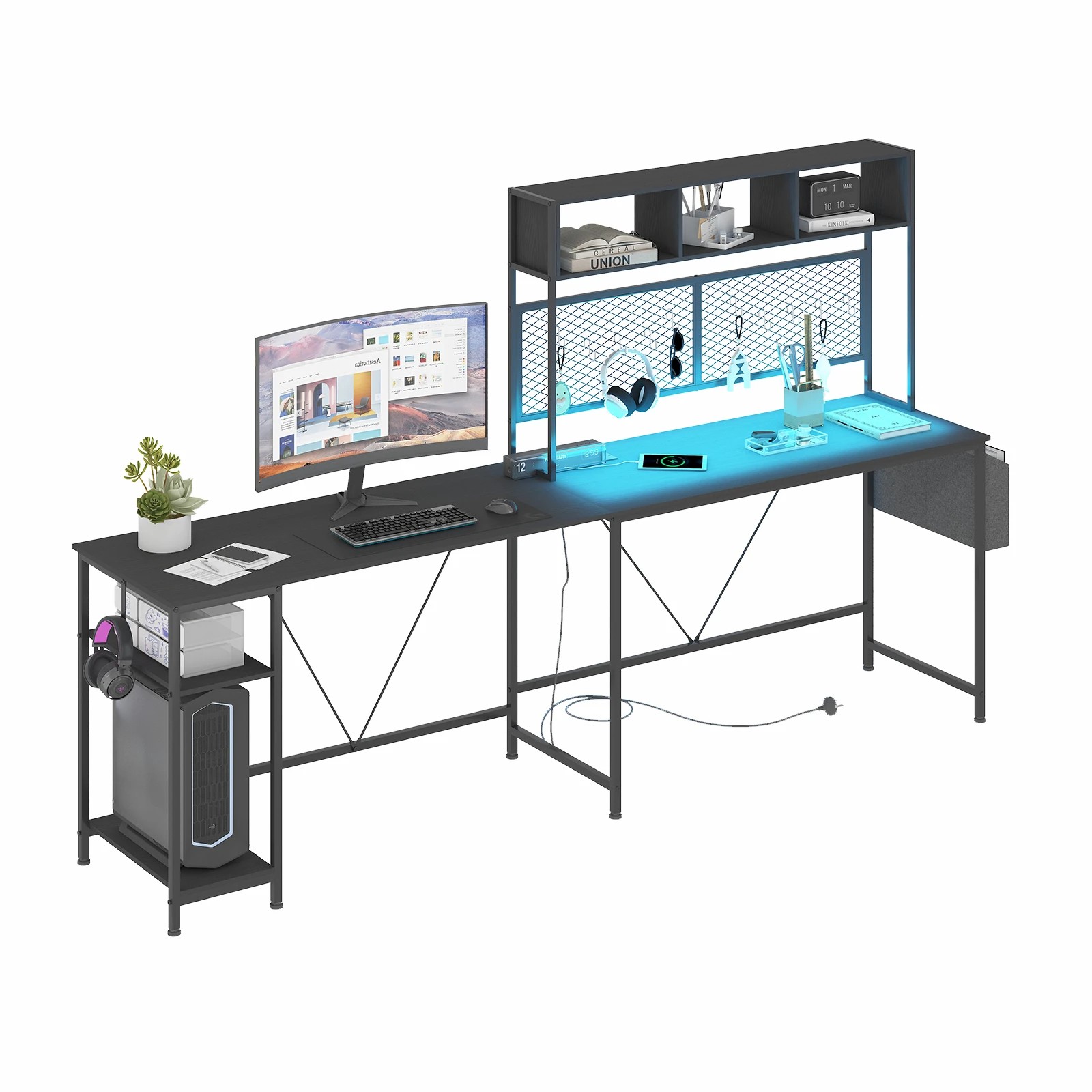 2 Advwin L Shaped Gaming Desk with LED Lights & Power Outlets Reversible Computer Desk with Storage Shelf - Black, 2 of 7