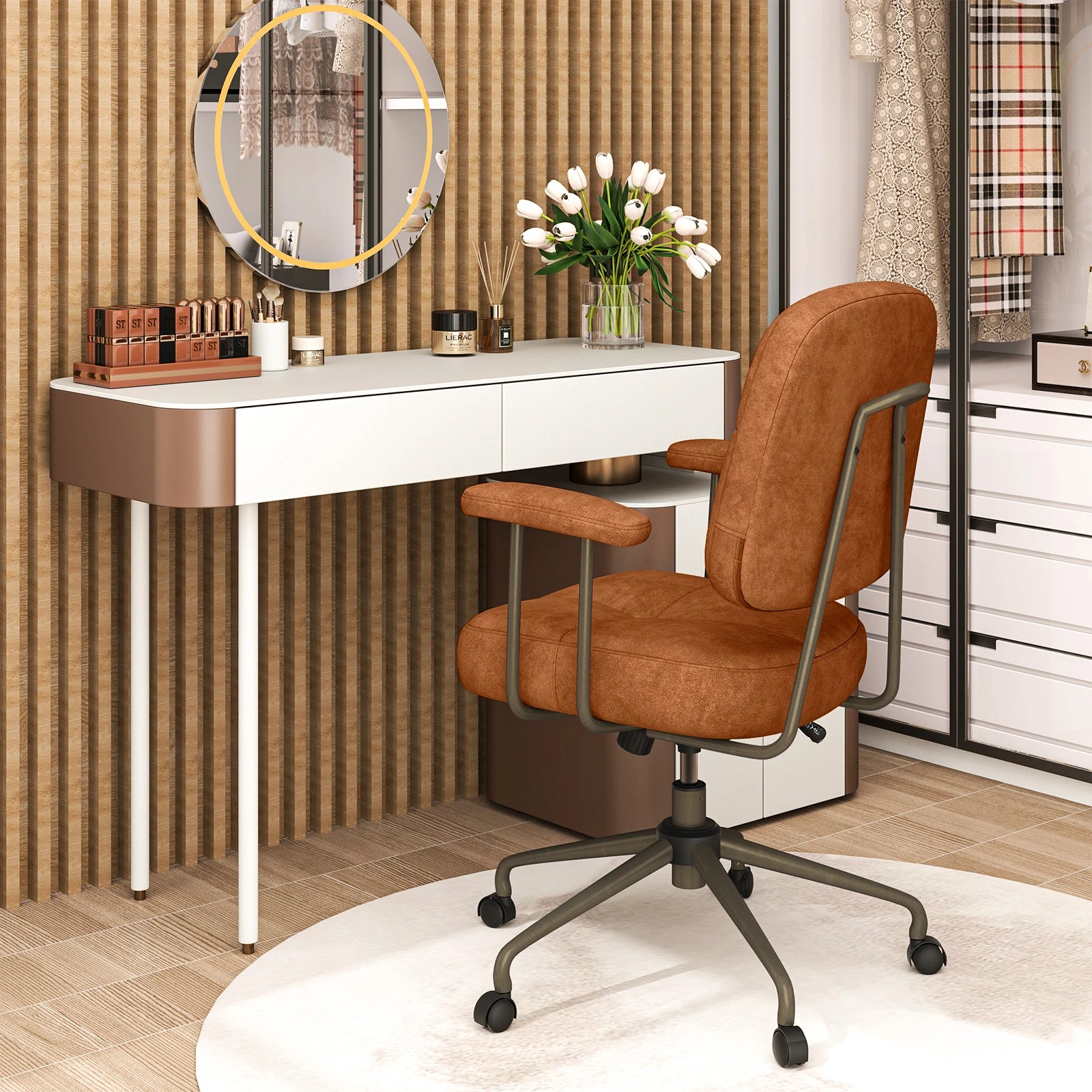 2 Costway Home Office Chair Upholstered Task Chair w/Cushioned Back & Padded Armrests Swivel Chair - Brown, 2 of 4