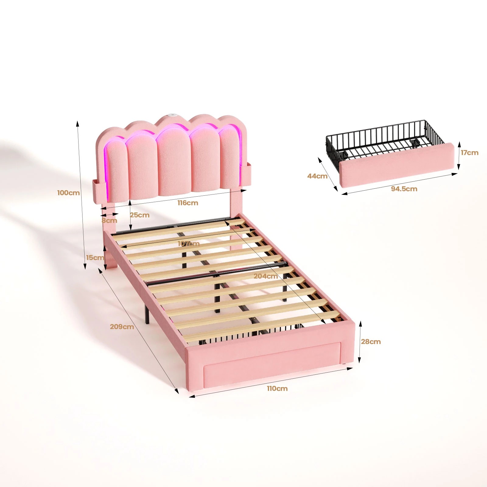 2 Advwin LED Bed Frame with Adjustable Headboard and Drawer USB Velvet King Single - Pink, 2 of 10