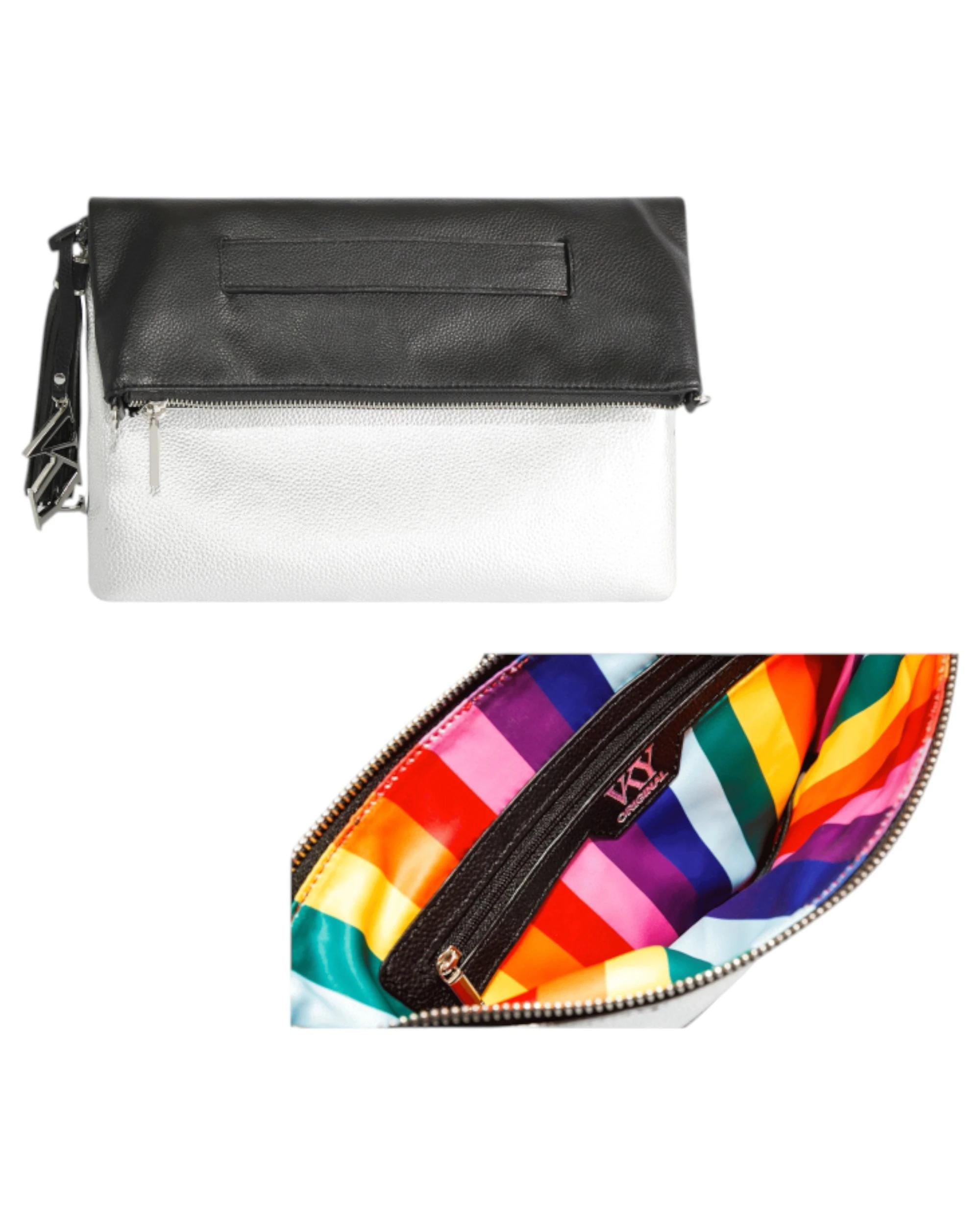 1 VKY Womens Lourve Clutch Leather Bag Handbag BLACK/MATT SILVER RAINBOW, 1 of 7
