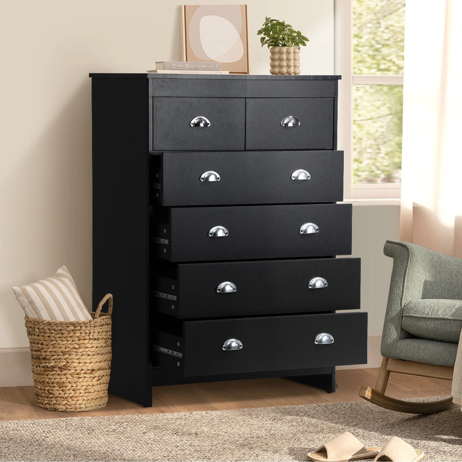 3 Oikiture 6 Chest of Drawers Tallboy Dresser Table Storage Cabinet - Black, 3 of 9