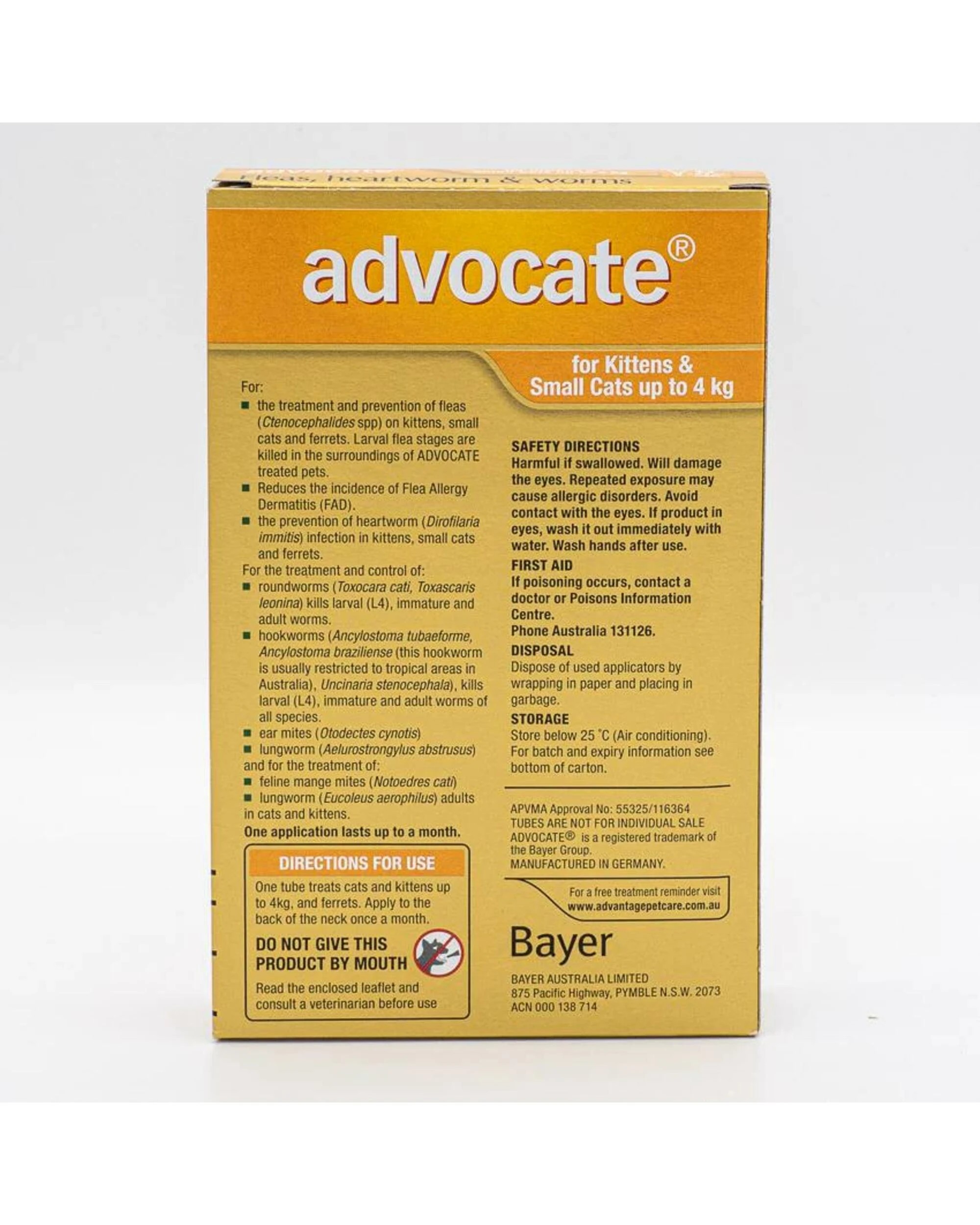 2 Advocate Cat & Kitten 0-4kg Orange Spot On Flea Wormer Treatment 1 Pack, 2 of 2