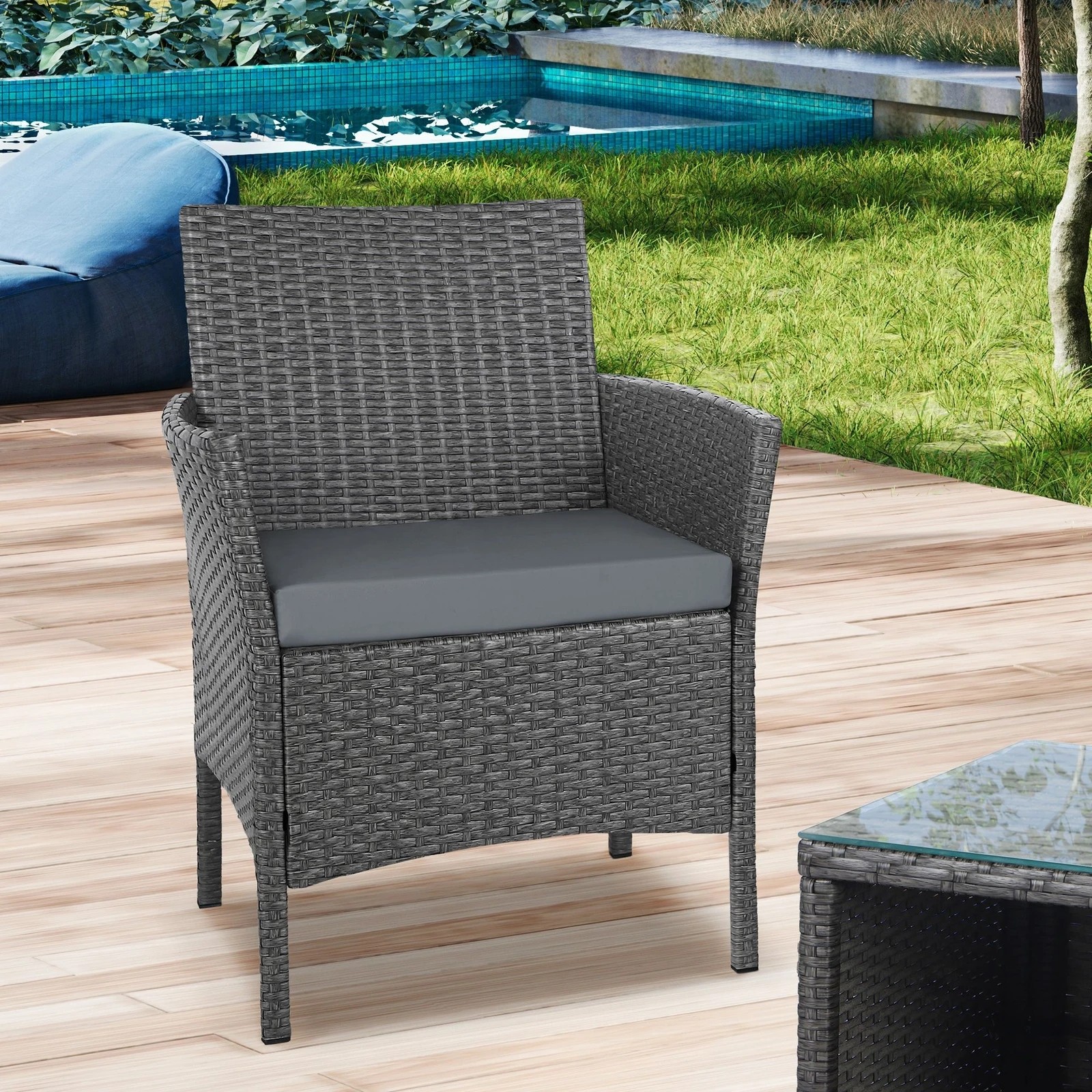 4 Alfordson Outdoor Furniture 3PCS Wicker Bistro Set Patio Chairs Table With Pillow - Dark Grey, 4 of 9