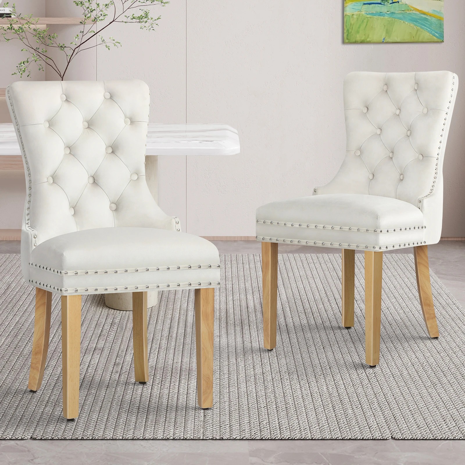 2 Alfordson 2x Dining Chair Kitchen Lounge Retro Button Tufted Wooden Velvet - Beige, 2 of 10