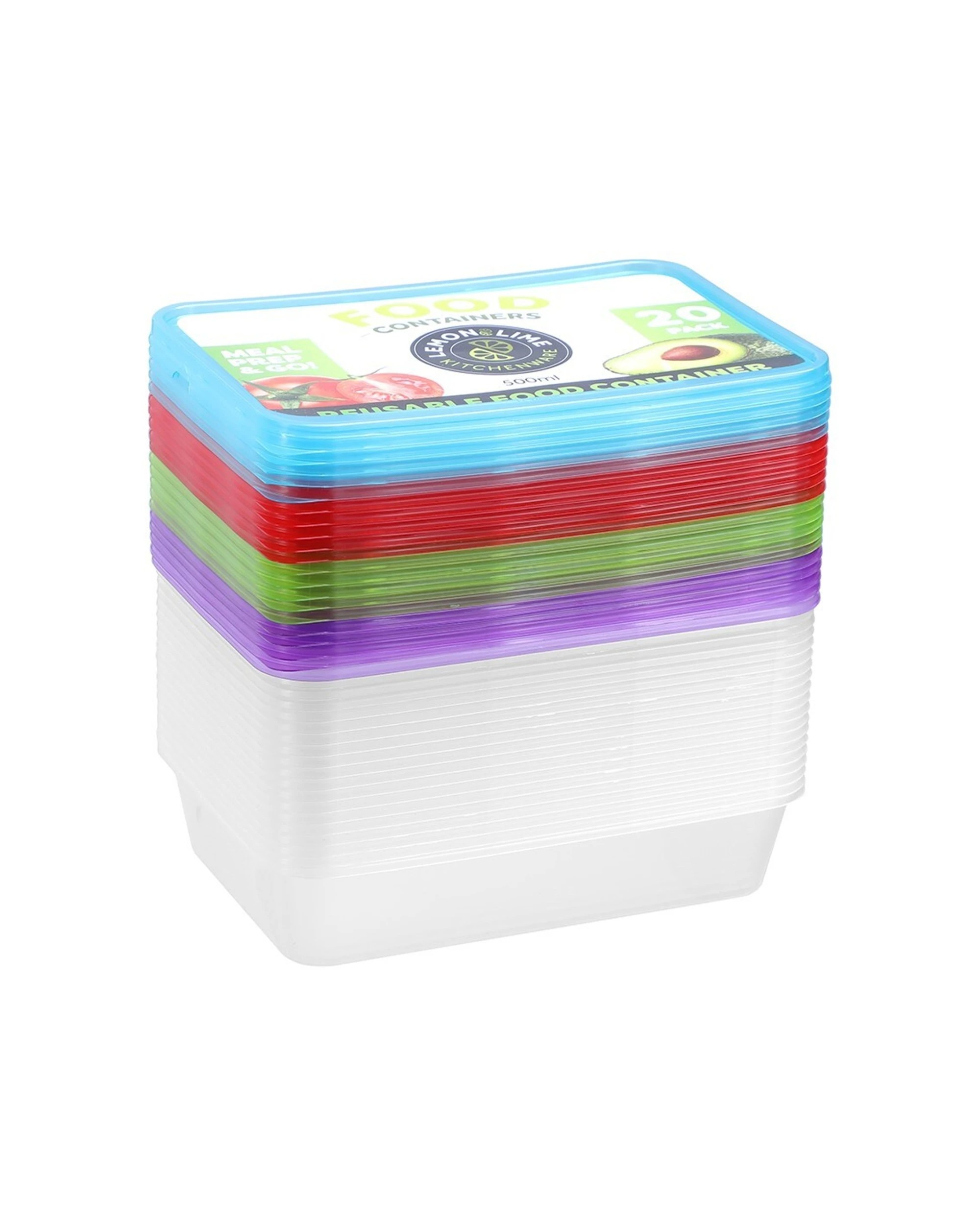 1 20pk Lemon & Lime Rectangle 500ml Reusable Food/meal Container W/ Coloured Lids
 - Multi, 1 of 6