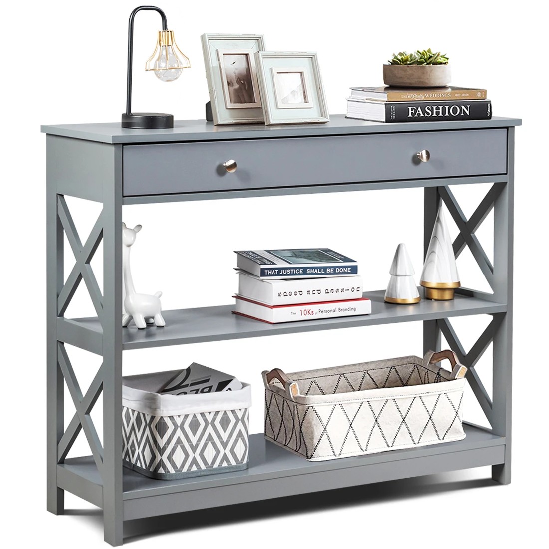 7 Costway 3-Tier Console Table w/Drawer Display Table - Grey, 7 of 8