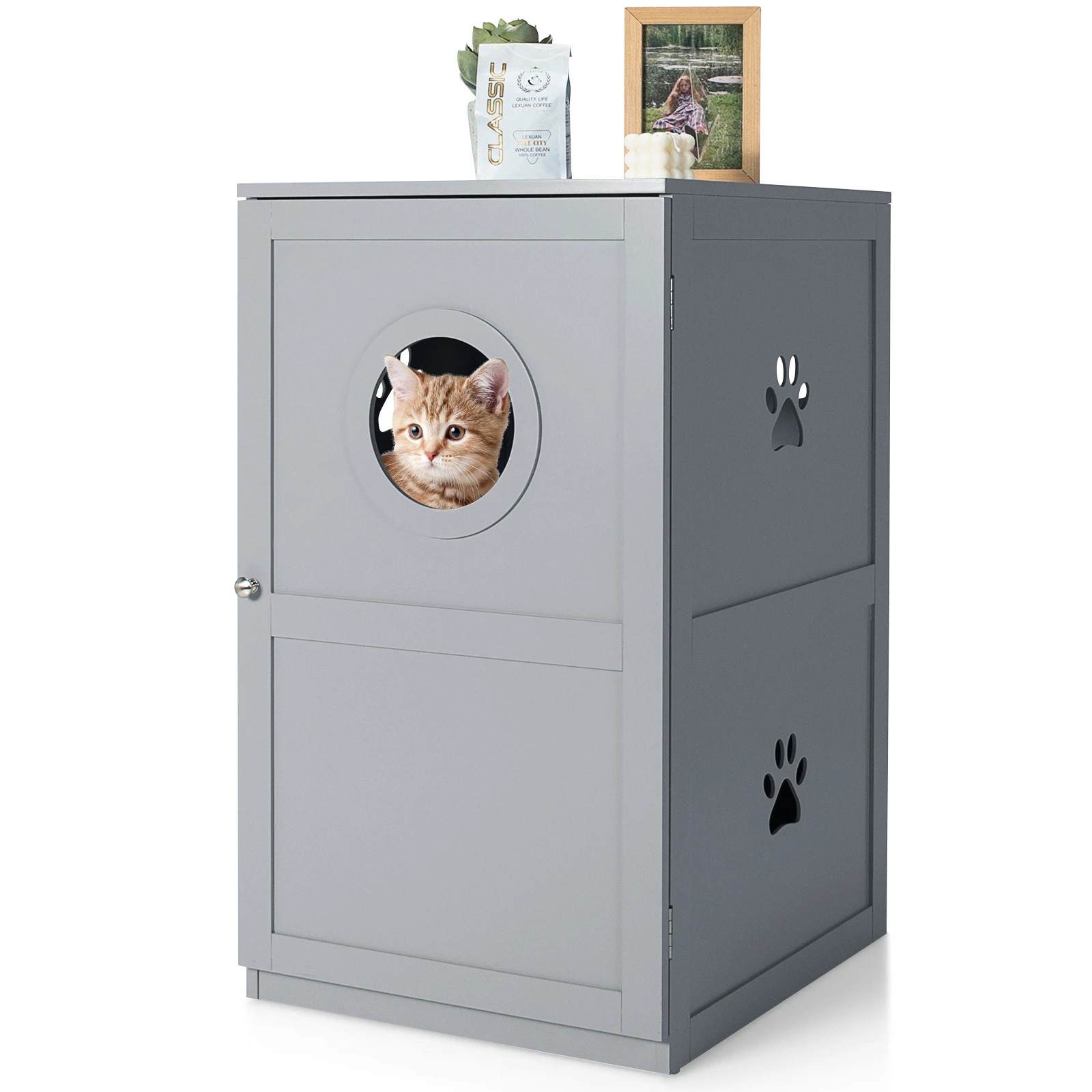 4 Costway 2-Tier Cat Litter Box Wood Storage Cabinet Enclosed Kitten Washroom - Grey, 4 of 5