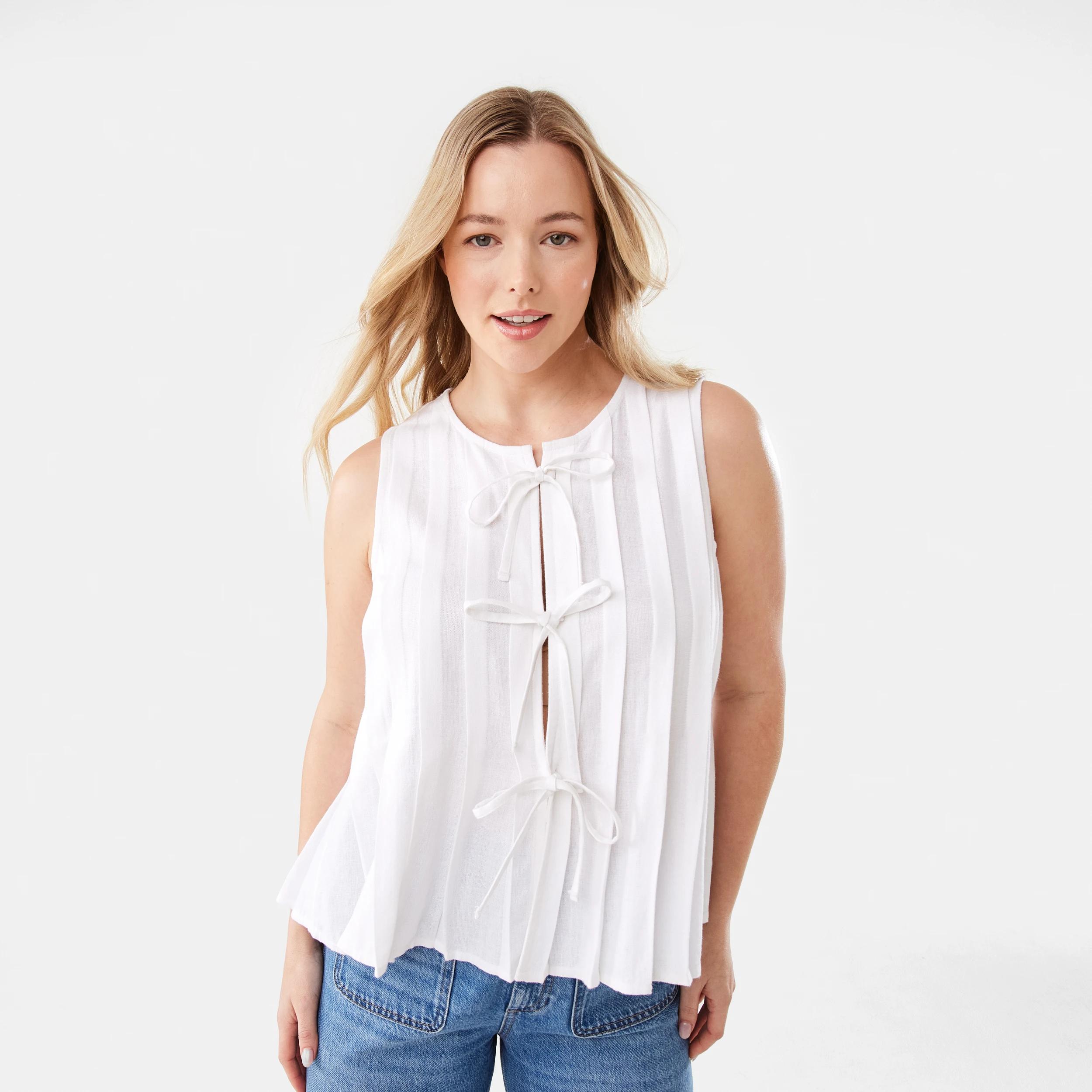 1 Sleeveless Pleated Tie Front Top White, 1 of 7