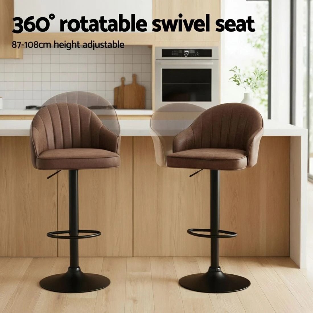 4 Artiss 2x Bar Stools Kitchen Swivel Gas Lift Counter Chair Shell Leather - Brown, 4 of 6