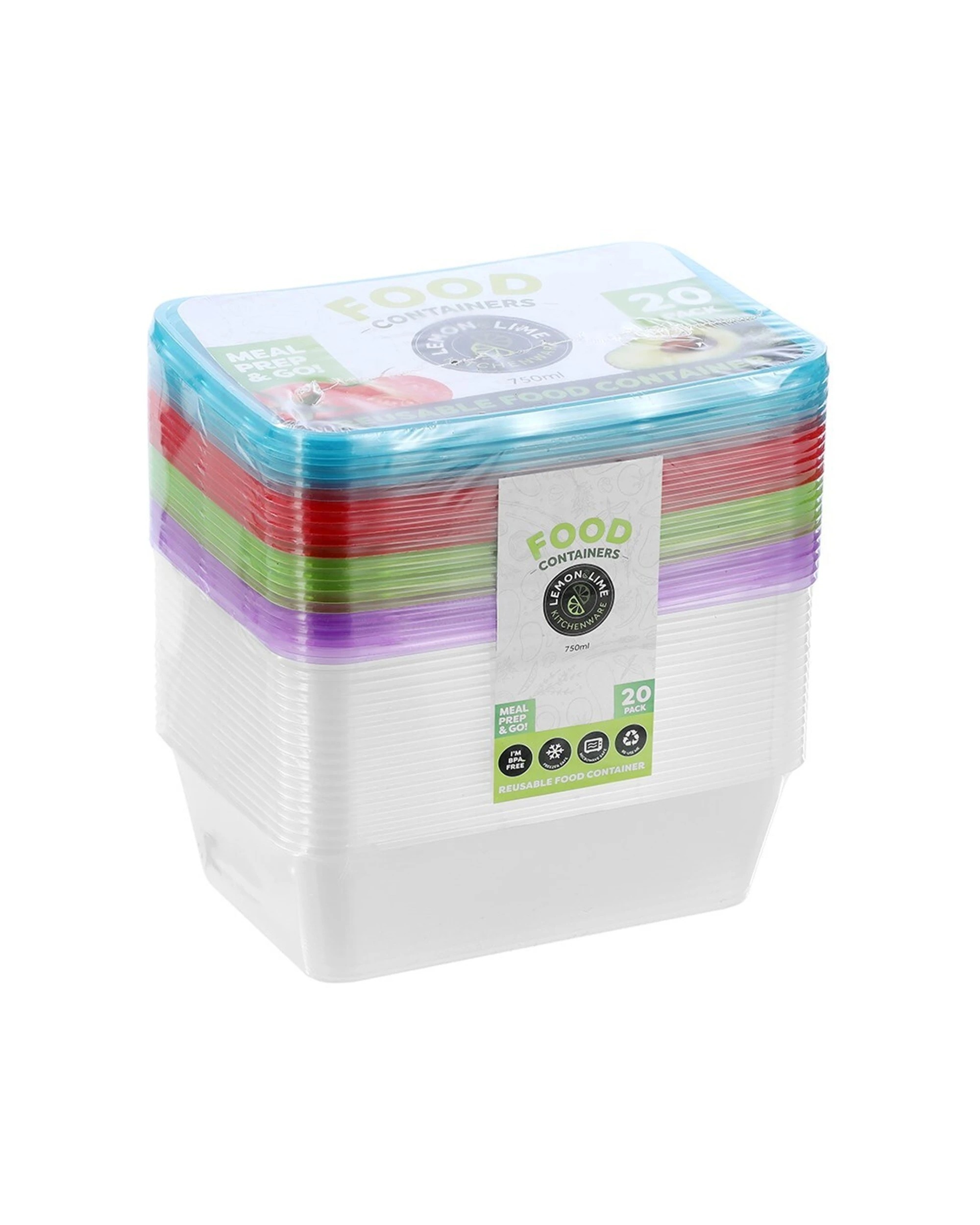 1 20pk Lemon & Lime Rectangle 750ml Reusable Food/meal Container W/ Coloured Lids
 - Multi, 1 of 8