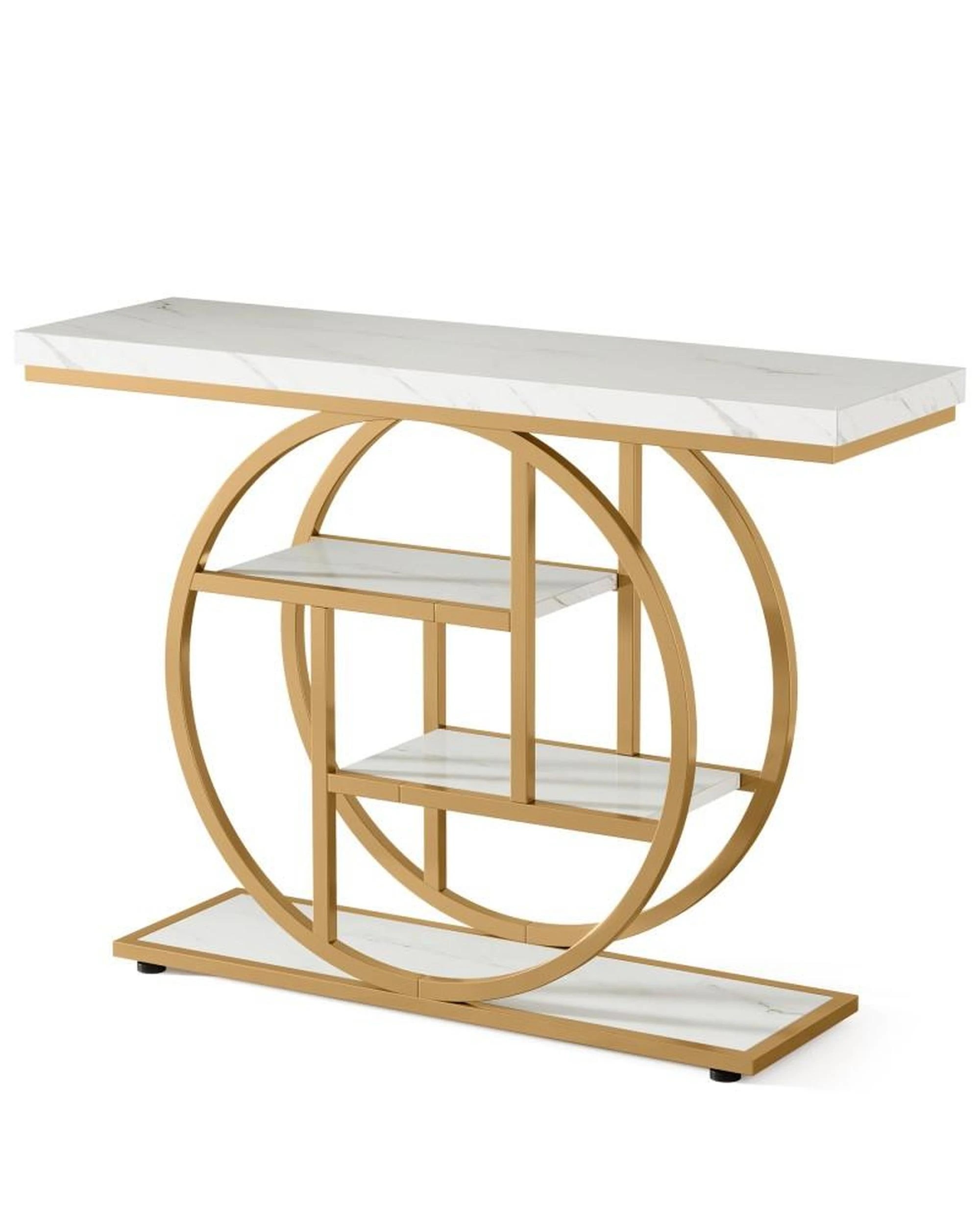 1 OAKORY 105cm Industrial Console Table with Gold Circular Metal Base 4-Tier Shelves in White, 1 of 7