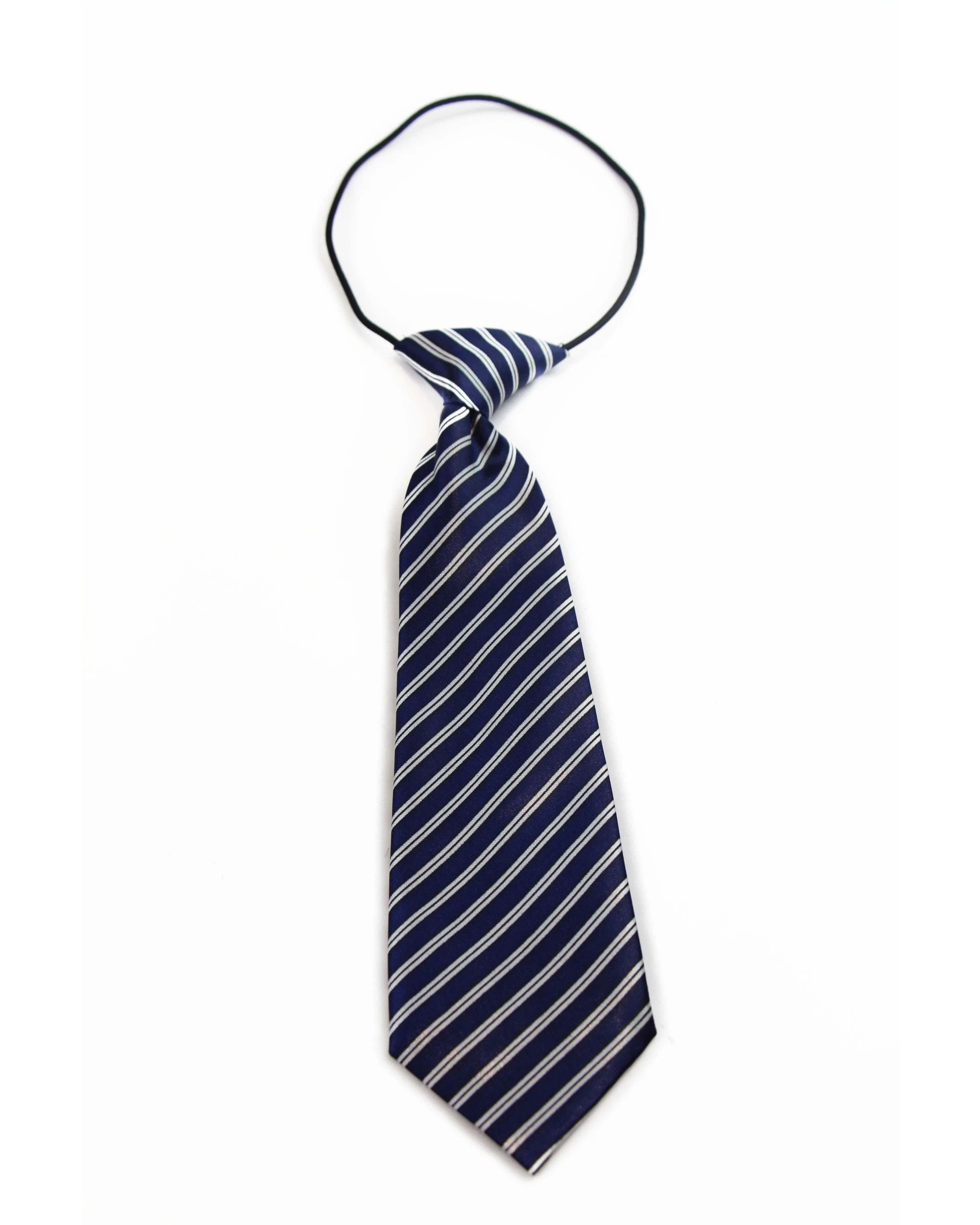2 Zasel Kids Boys Navy Patterned Elastic Neck Tie -White Diagonal Stripe, 2 of 2