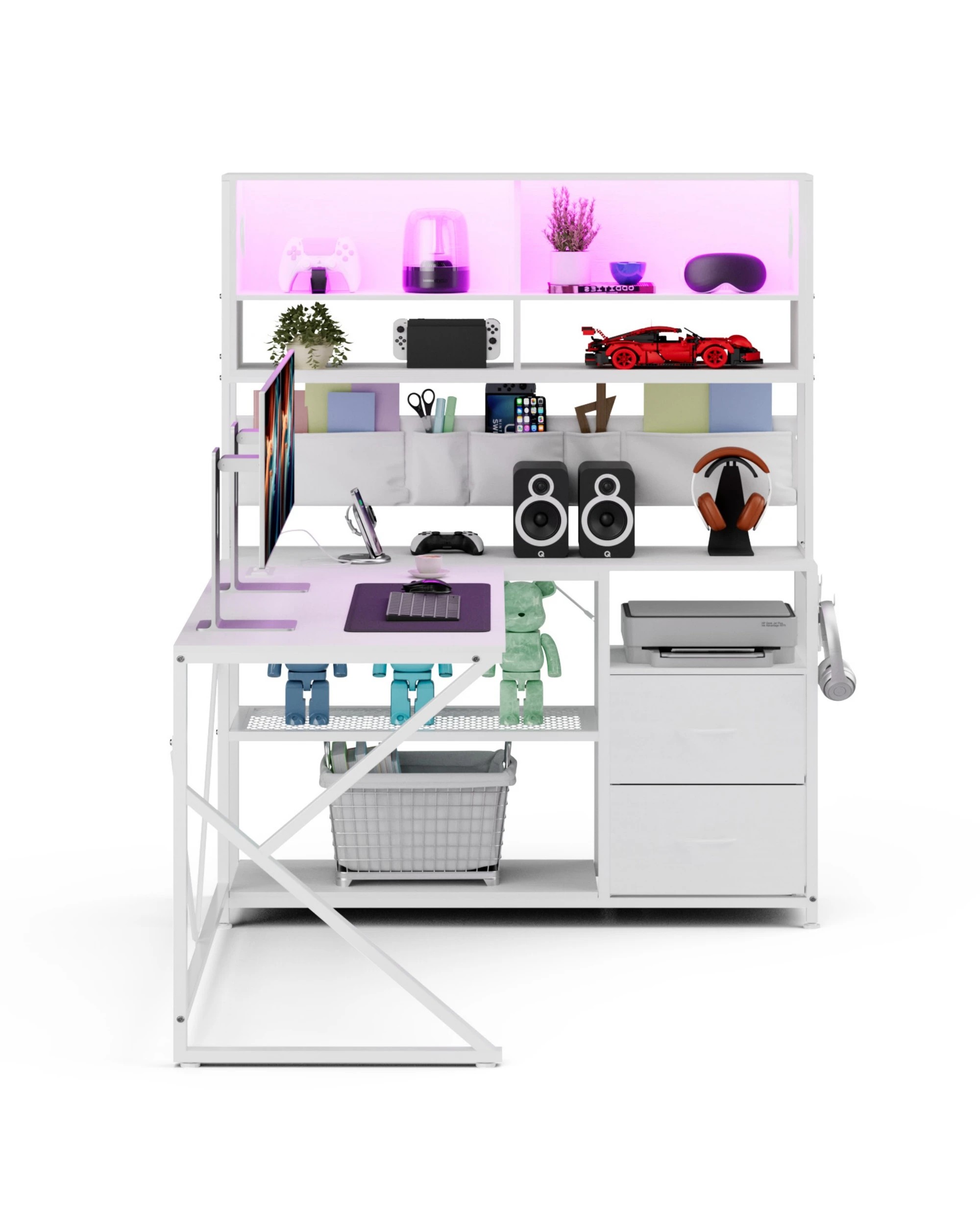 5 Advwin 130cm  L Shaped Gaming Desk with LED Lights & Power Outlets  - White, 5 of 10