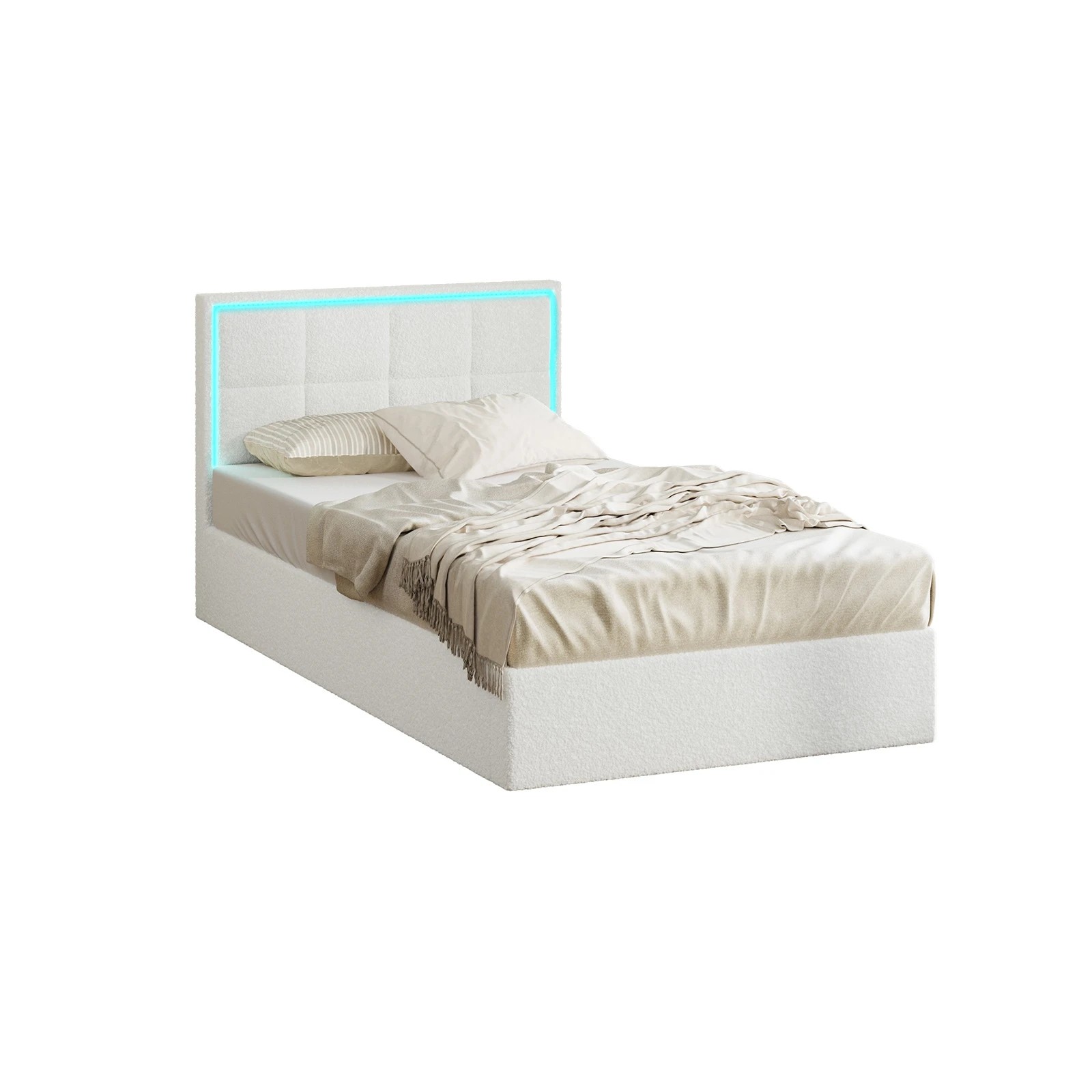 1 Oikiture Bed Frame Single Size RGB LED Gas Lift Storage Base Boucle - White, 1 of 9