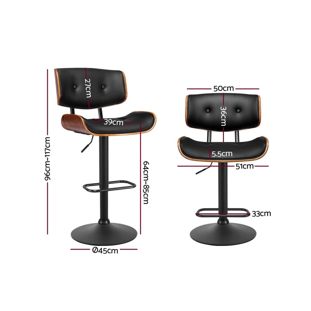 2 Artiss 2x Bar Stools Gas Lift Leather All - Black, 2 of 5
