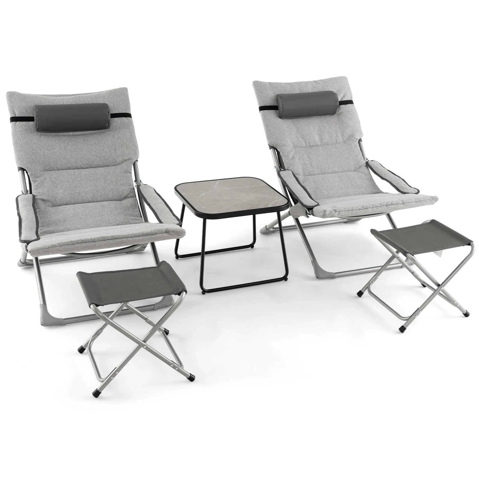 1 Costway 5PCS Folding Patio Sling Chair Set w/Ottoman Coffee Table Cushion Outdoor - Grey, 1 of 1