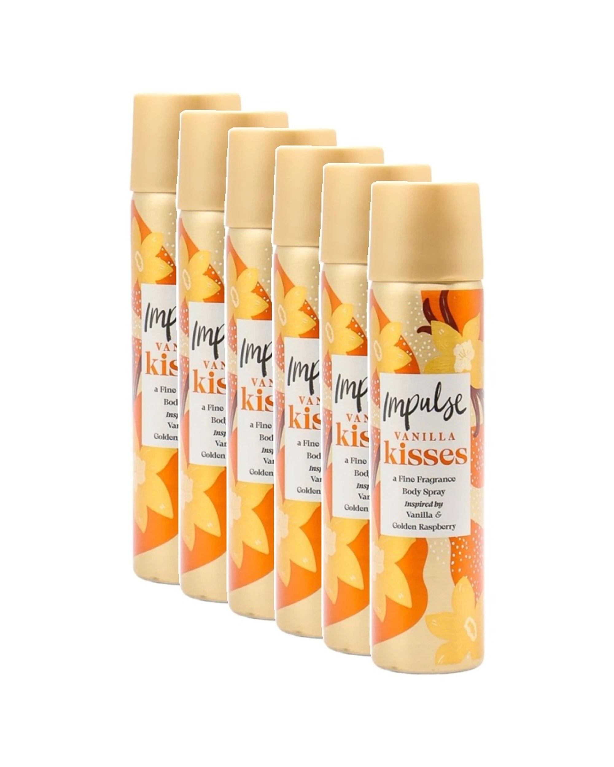 Impulse 6PK Body Spray Vanilla Kisses Fine Raspberry Scent Fragrance 75mL - Orange