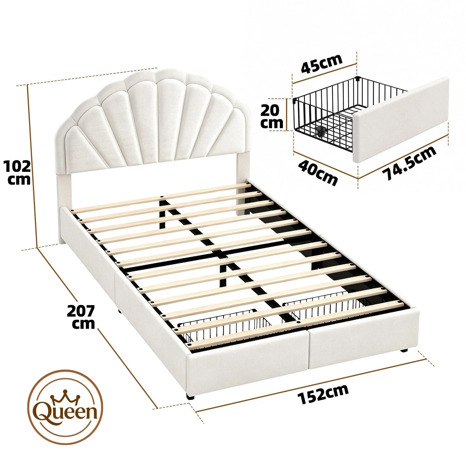 2 Ausway Wooden Queen Bed Frame Mattress Base with Upholstered Fabric Headboard & Under-Bed Storage Drawers, 2 of 6