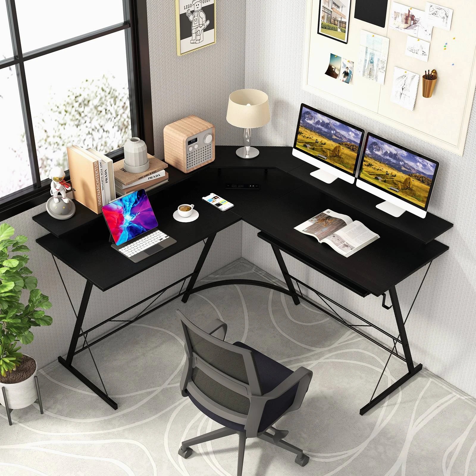 2 Costway L-Shaped Office Computer Desk Reversible Study Writing Table w/Keyboard Tray, 2 of 3