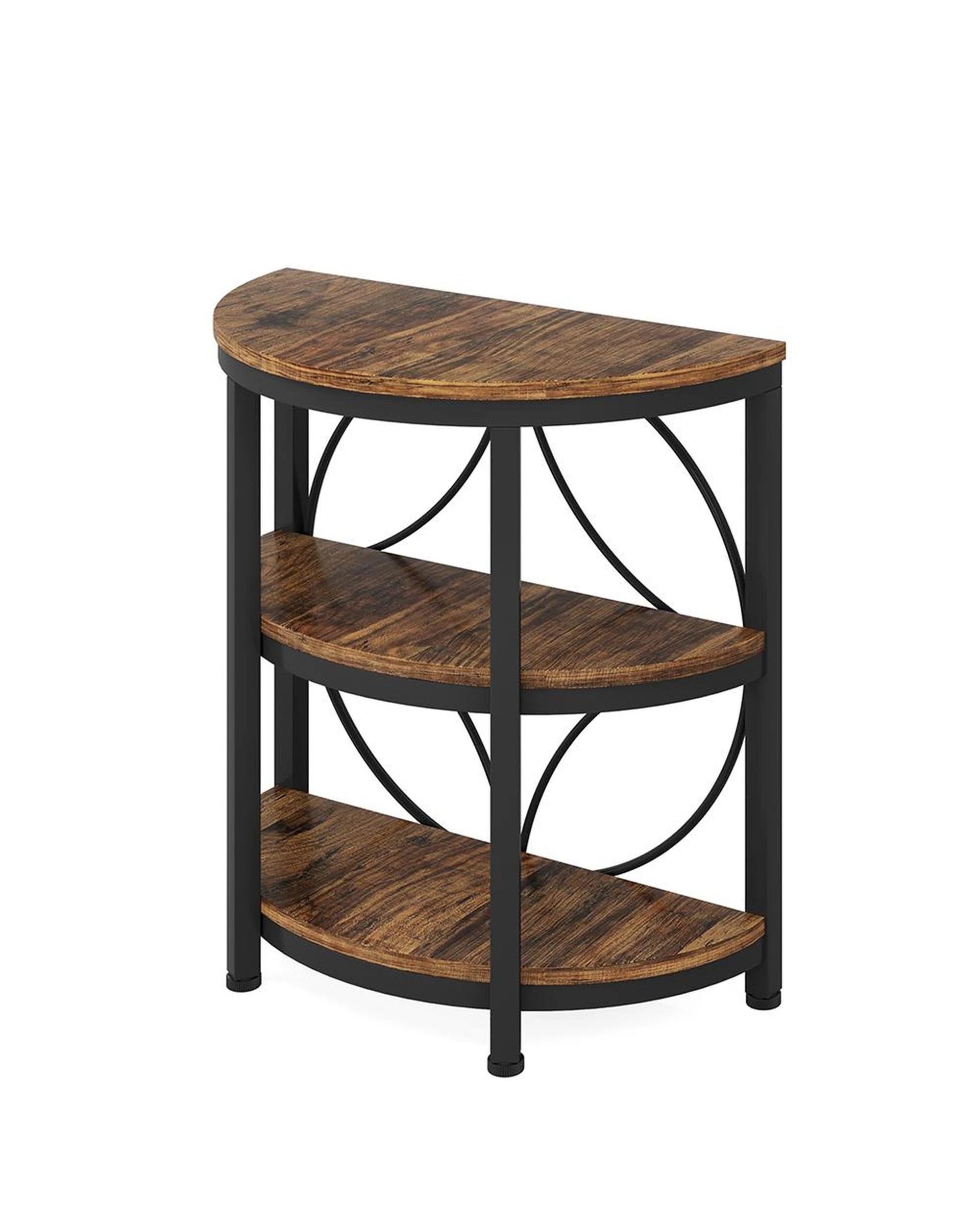 1 OAKORY Half-Round End Table, 3-Tier Narrow Side Table with Metal Frame, Rustic Brown Top, 1 of 8