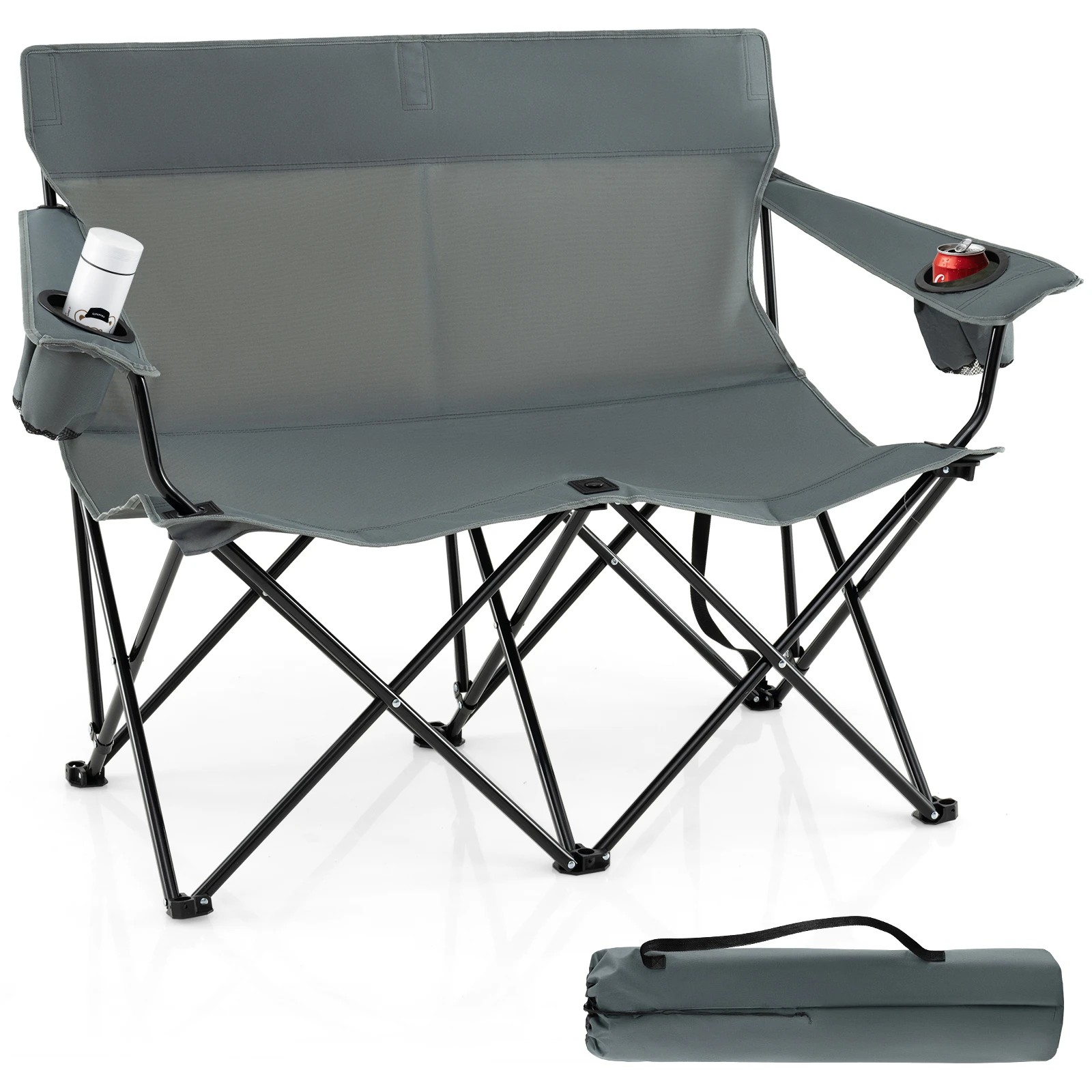 1 Costway Double Camping Chair 2-Person Portable Outdoor Folding Love Seat w/Cup Holders & Armrests - Grey, 1 of 4