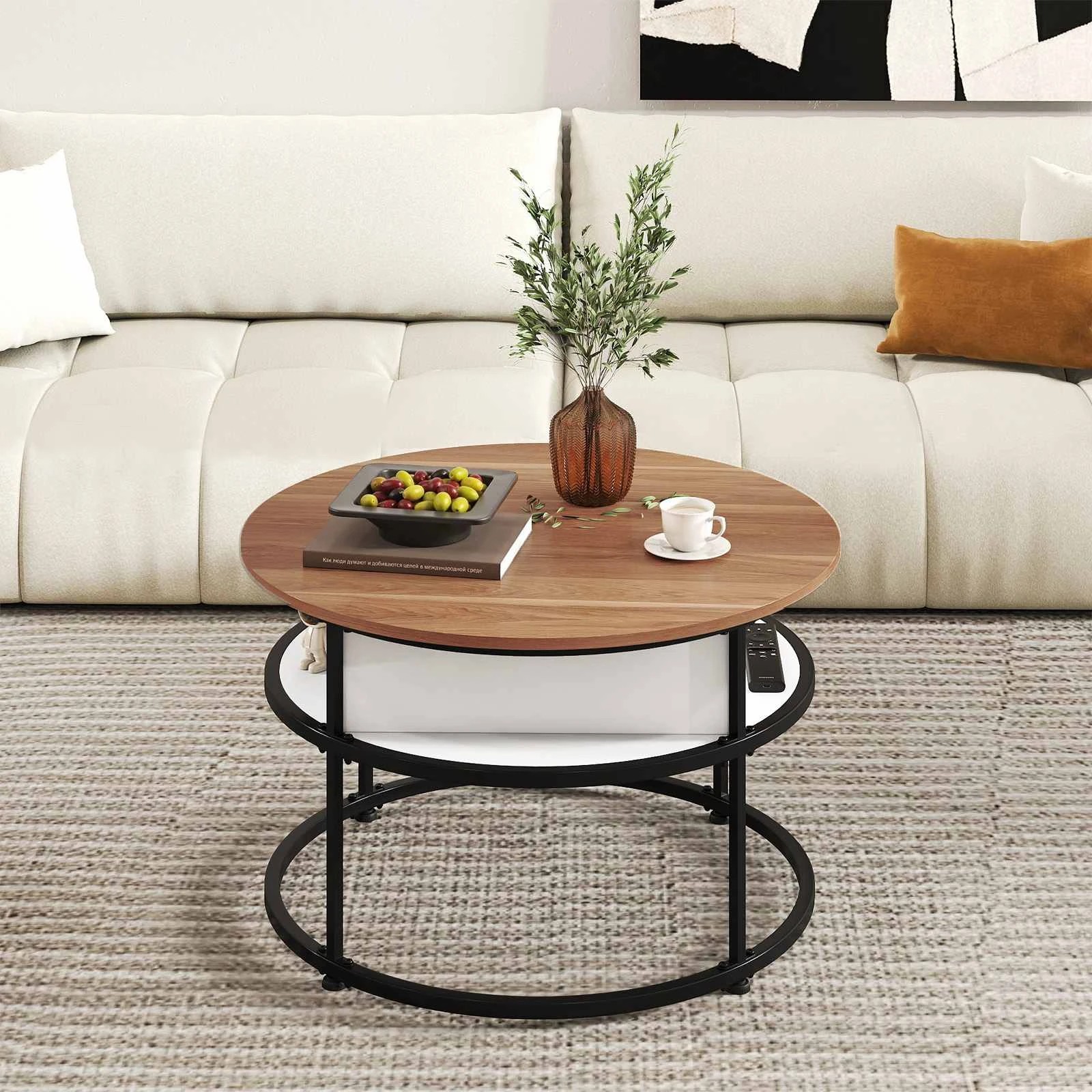 3 Costway Lift Top Coffee Table 2-Tier Round Center Cocktail Table w/Hidden Compartment, 3 of 4