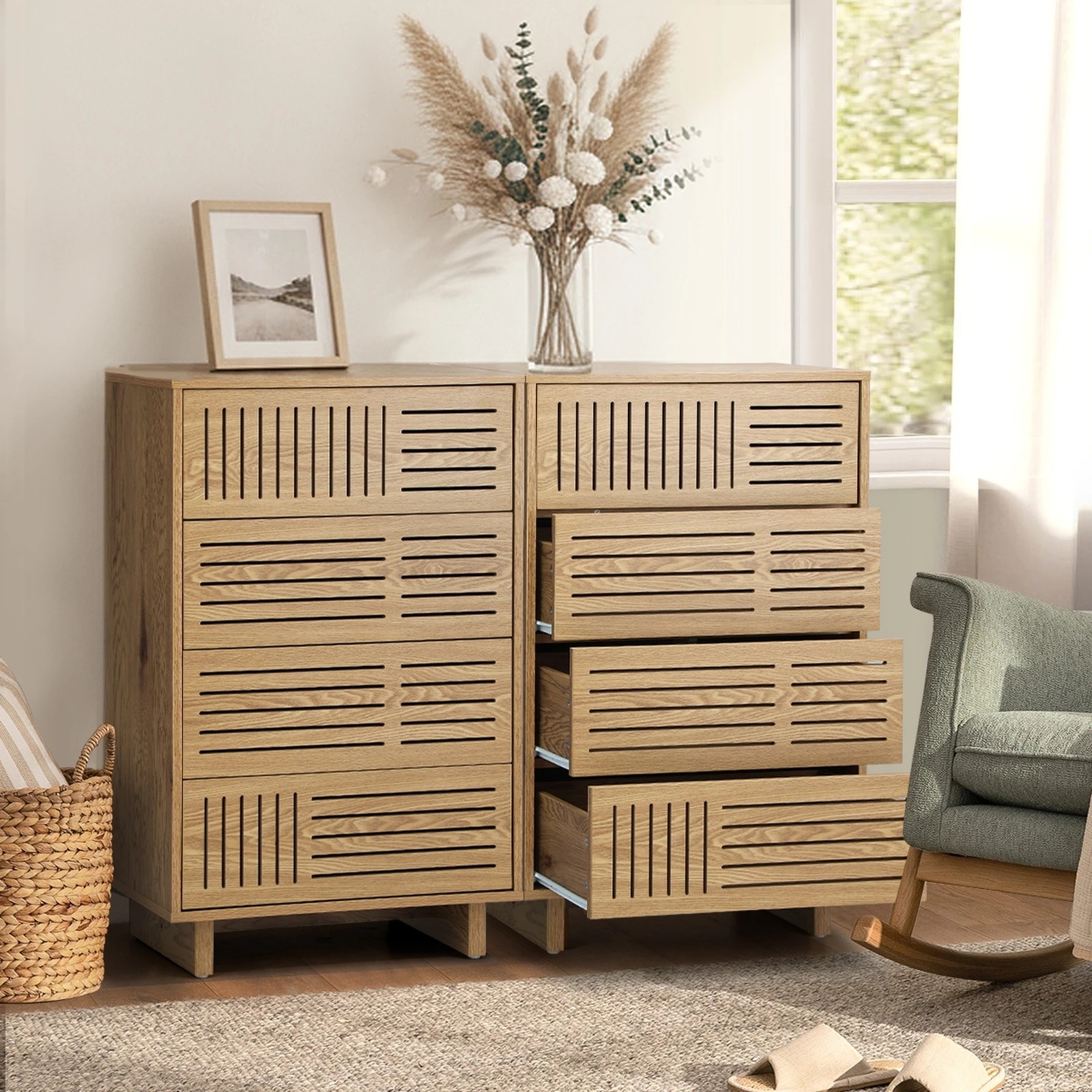 4 Oikiture 4 Chest of Drawers Storage Cabinet Dresser Tallboy Set of 2 - Natural, 4 of 9