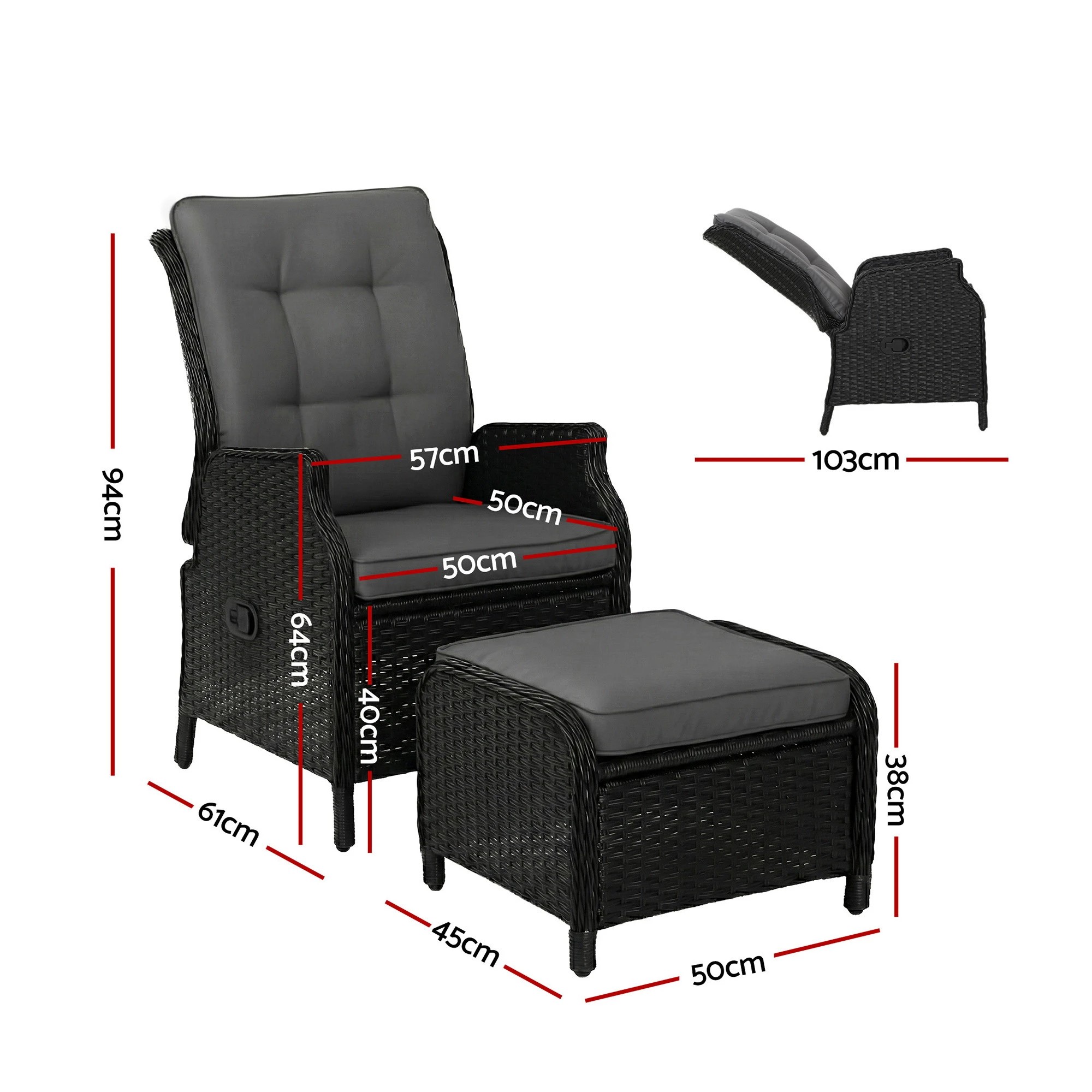 2 Gardeon Recliner Chair Sun lounge Wicker Lounger Outdoor Furniture Patio - Black, 2 of 9