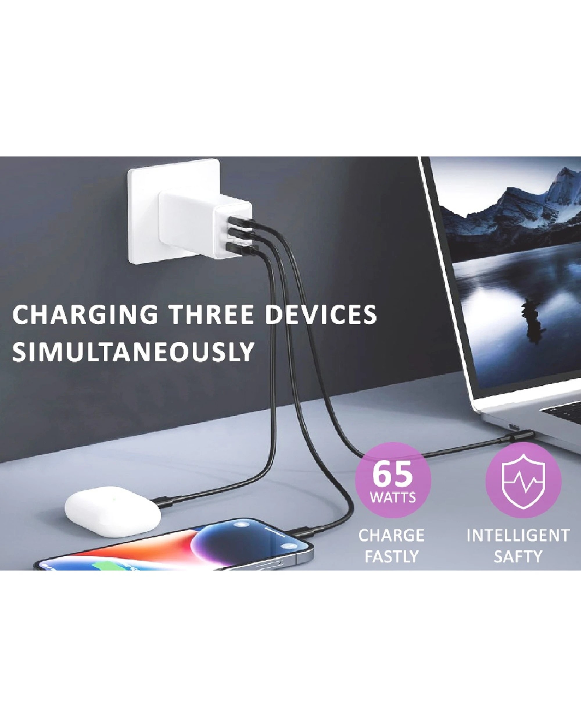 3 Sansai 65W GaN Charger Fast 3-Port USB-C USB-A Charging Travel Adapter - White, 3 of 3