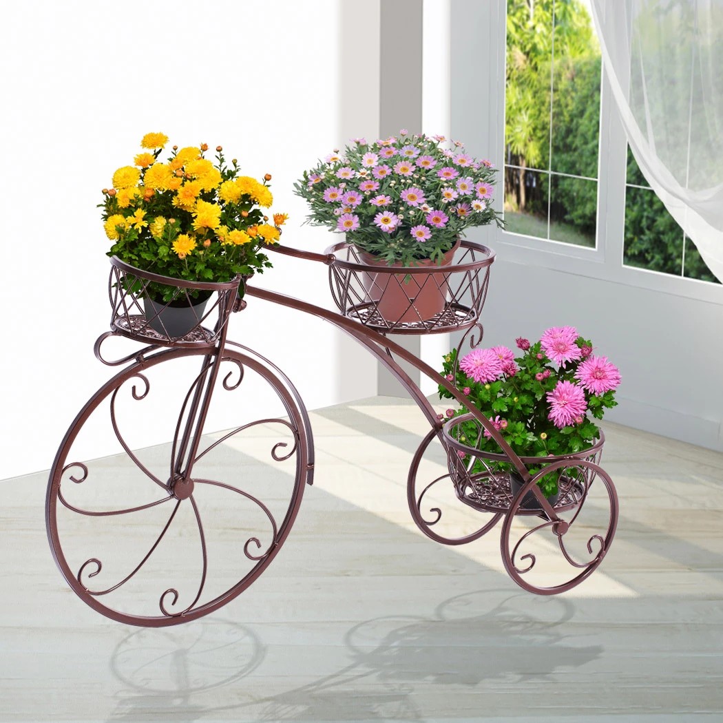 8 Levede 2 Pcs Bicycle Shape Metal Plant Stand with 3 Plant Pots Space - Bronze, 8 of 8