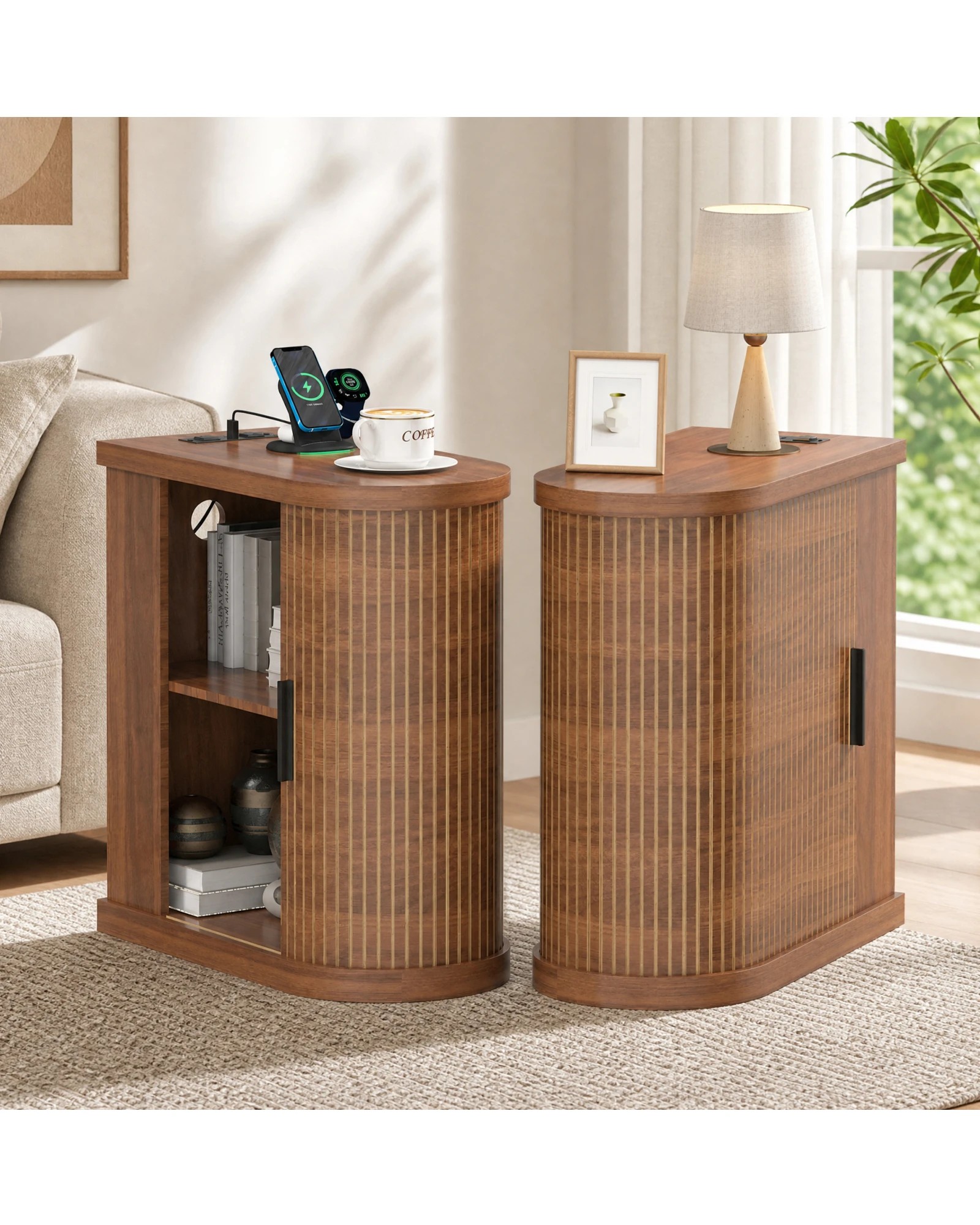 1 Advwin 2pcs Narrow Side Table Fluted Sliding Door Storage Cabinet Compact Bedside Table 60x30x62cm - Brown, 1 of 5