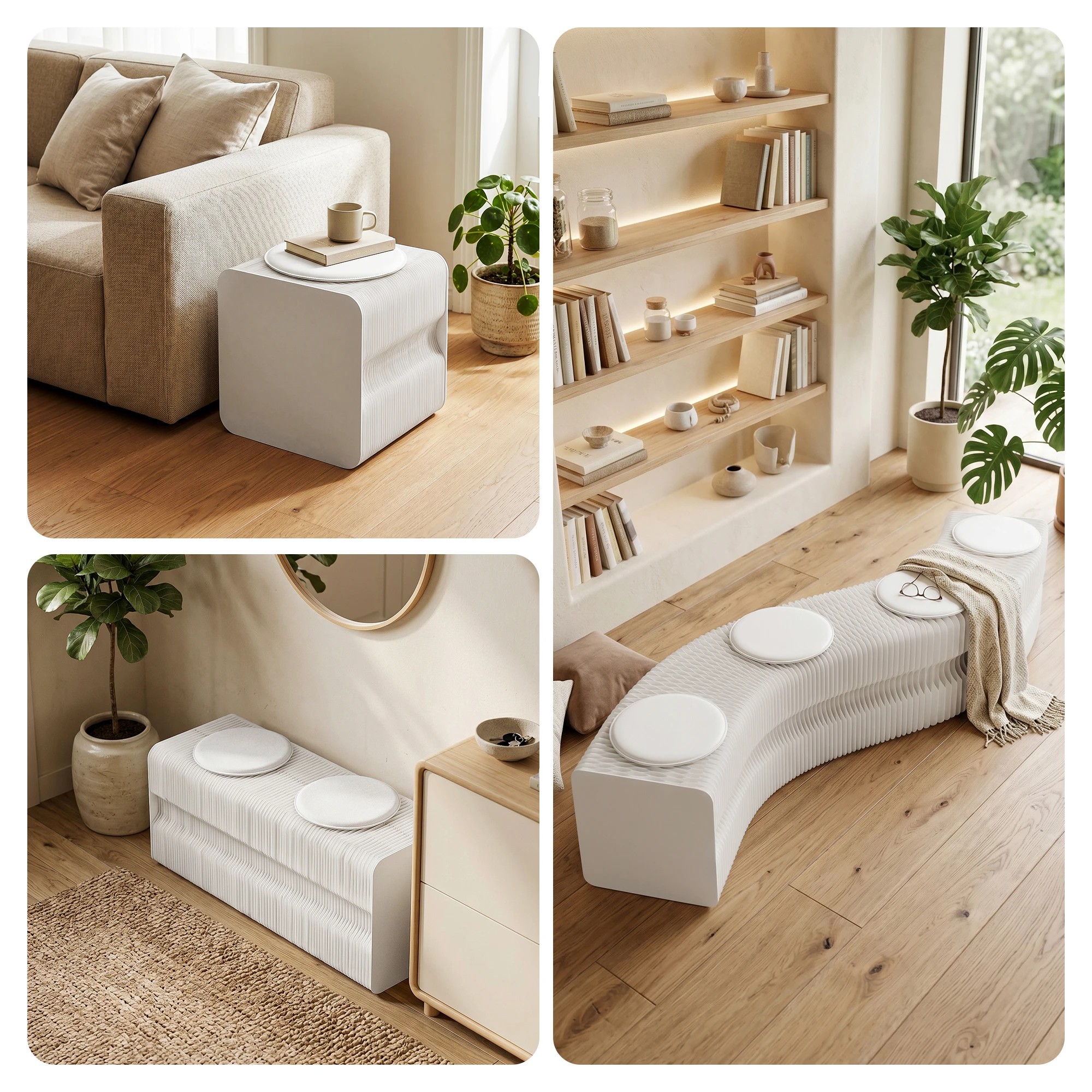 6 Artiss Folding Paper Bench With 4 PU Leather Seat Pads Expandable Accordion Stool For 4 Seats - White, 6 of 10