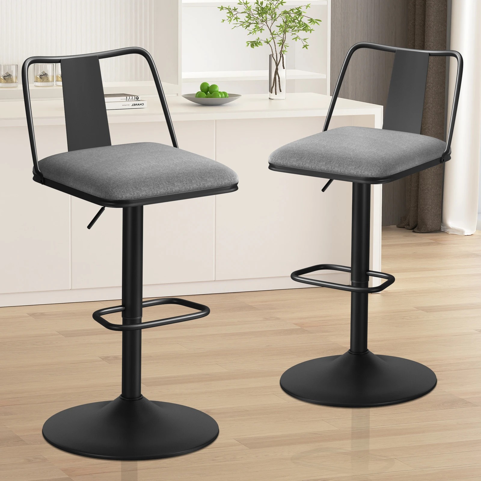 10 Alfordson 2x Bar Stools Gas Lift Fabric Bar Chairs Kitchen Swivel Gloria - Grey, 10 of 10
