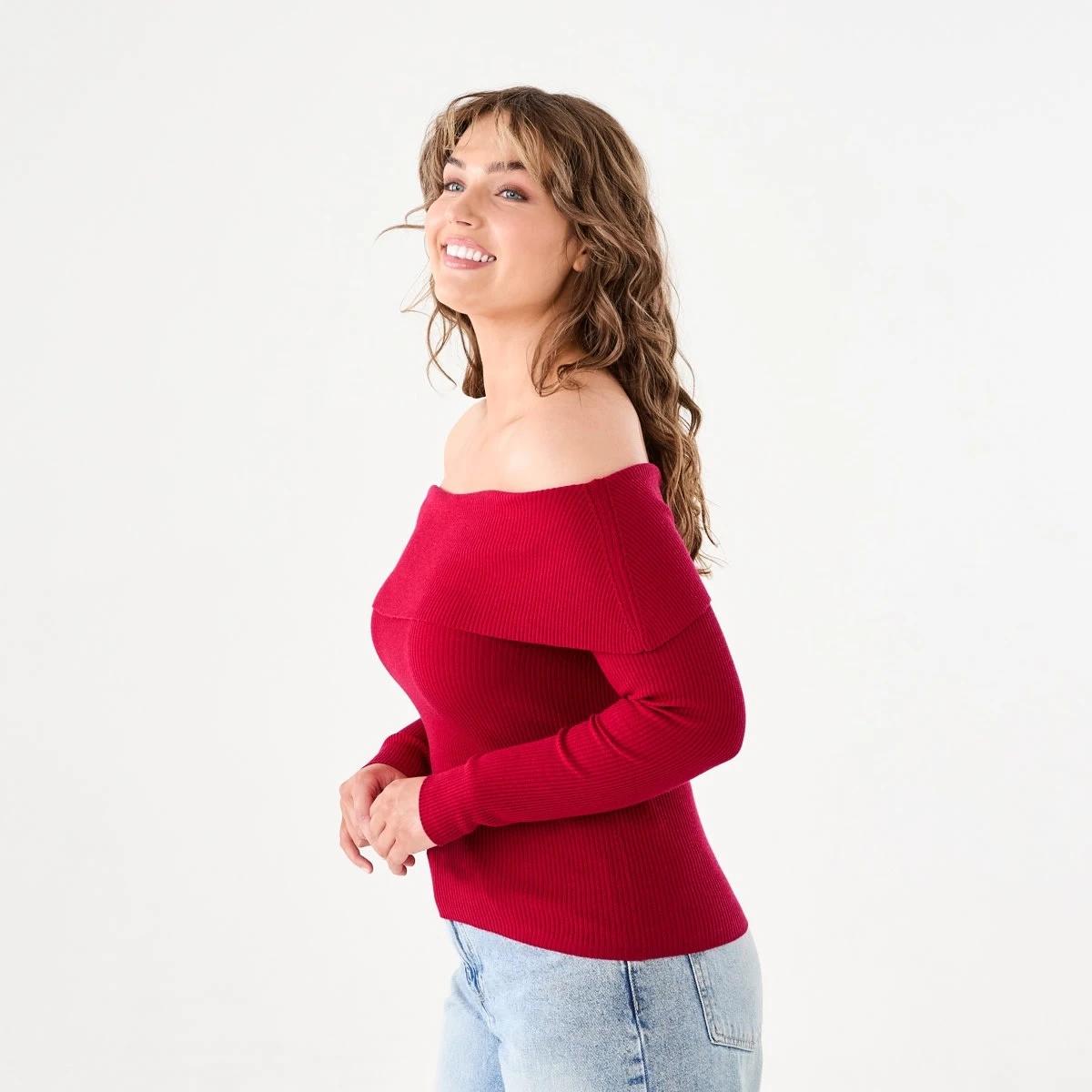 2 Long Sleeve Off Shoulder Top Cherry Red, 2 of 6