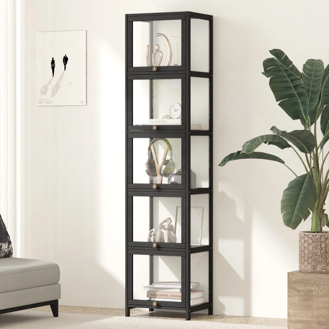 2 Oikiture Display Cabinet Slim Storage 5-tier Shelves Clear Bookcase Rack
 - Black, 2 of 9