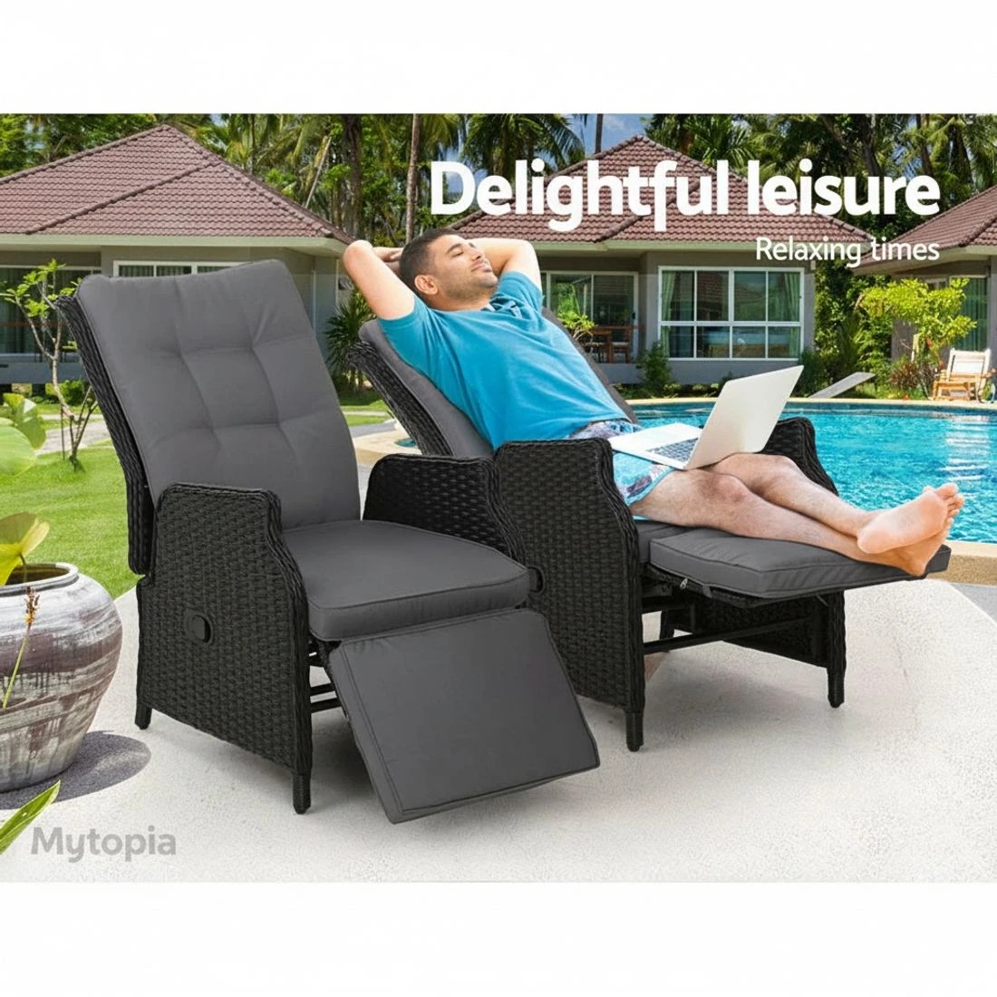3 Gardeon 2PC Recliner Chairs Sun lounge Wicker Lounger Outdoor Furniture - Black, 3 of 5