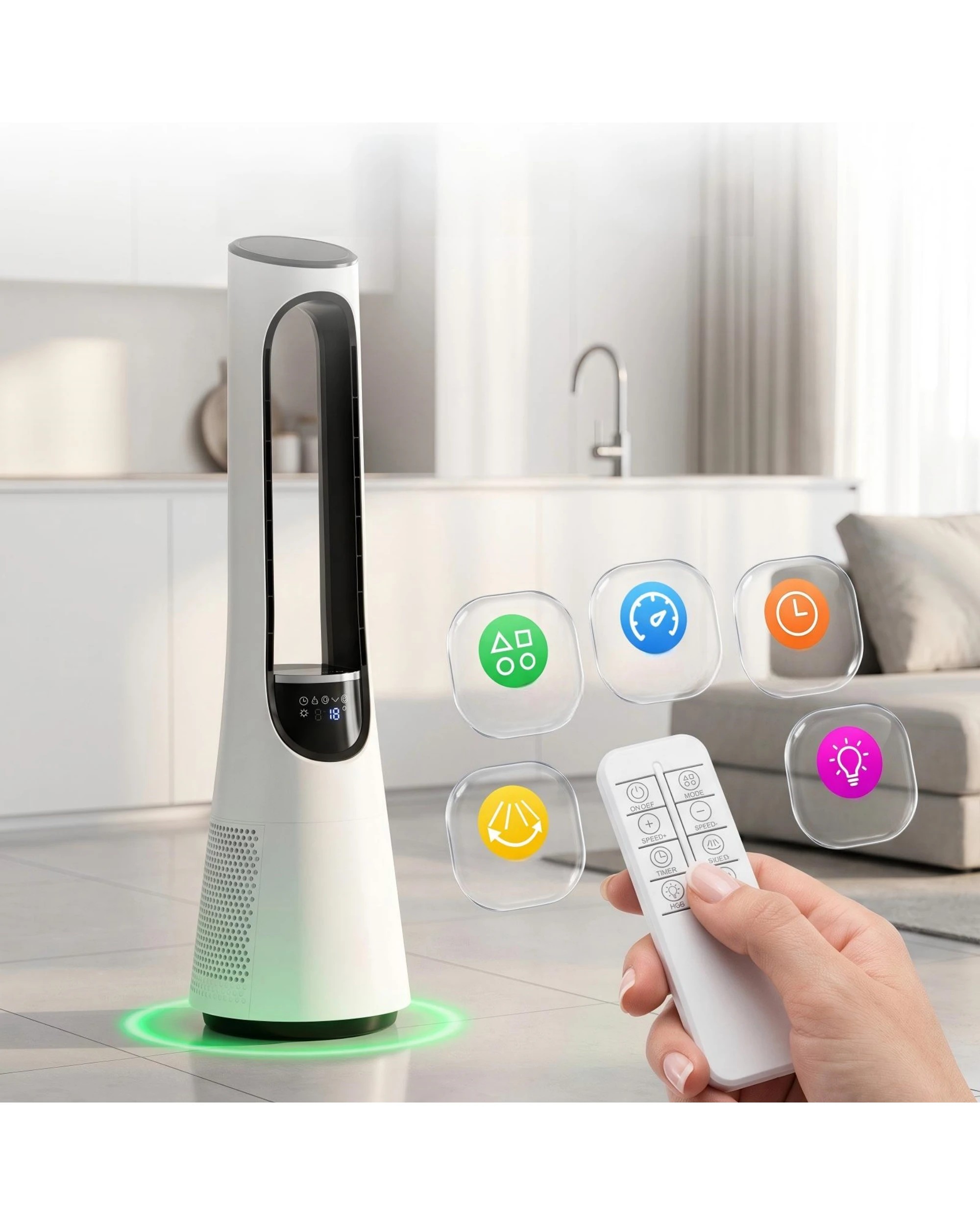 3 Yopower 97CM Bladeless Tower Fan with RGB Light 20-Speed 120° Oscillating Remote - White, 3 of 8