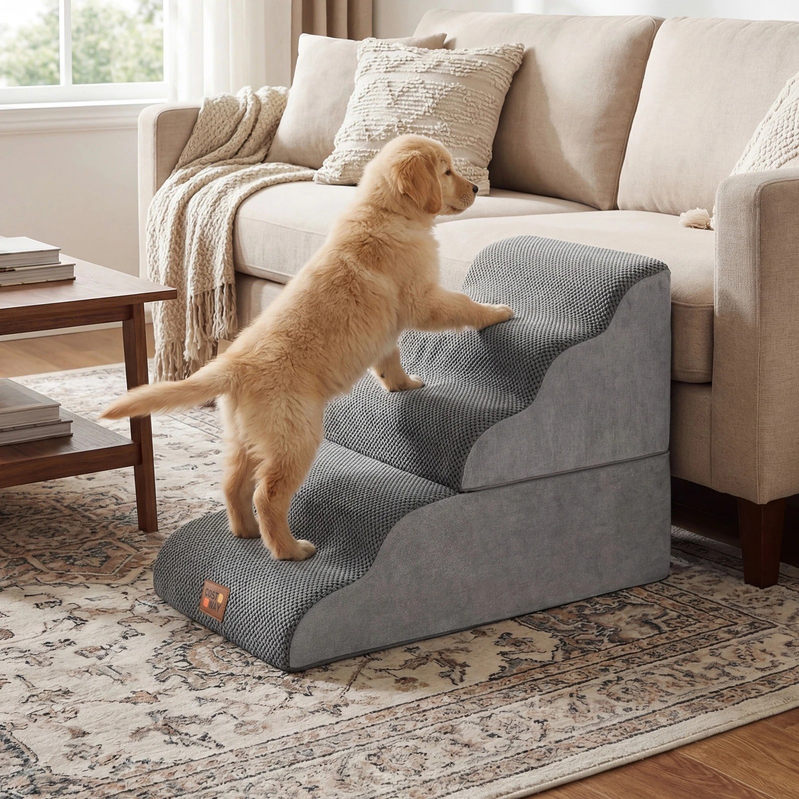 4 Costway 5-Tier Foam Pet Ramp 2-in-1 Dog Stair Ladder w/Hair Remover - Grey, 4 of 7