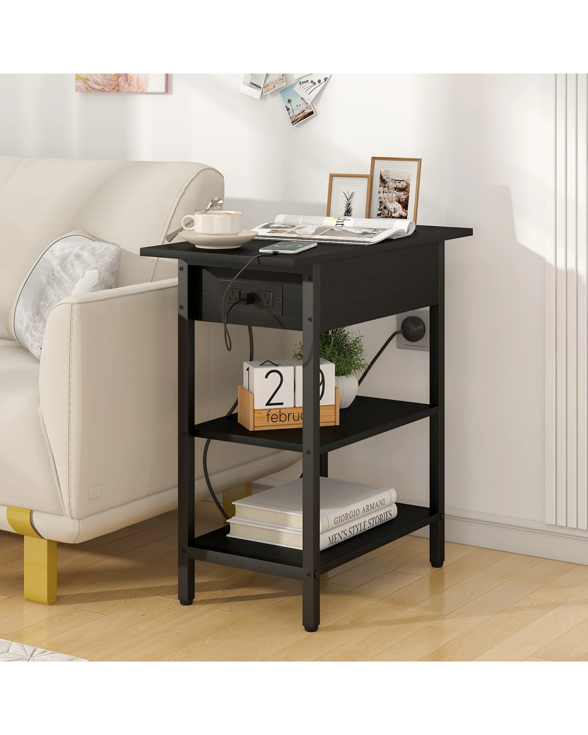 3 Advwin Flip Top Side Table  W/ Charging Station Black, 3 of 8