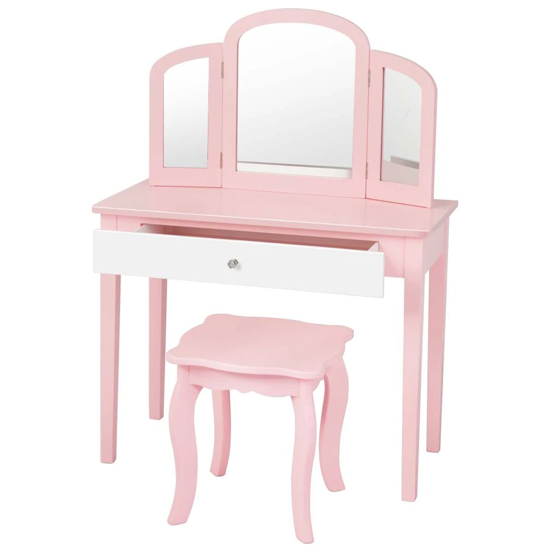 1 Costway Makeup Dressing Table Stool Set Folding Mirror Pink, 1 of 4