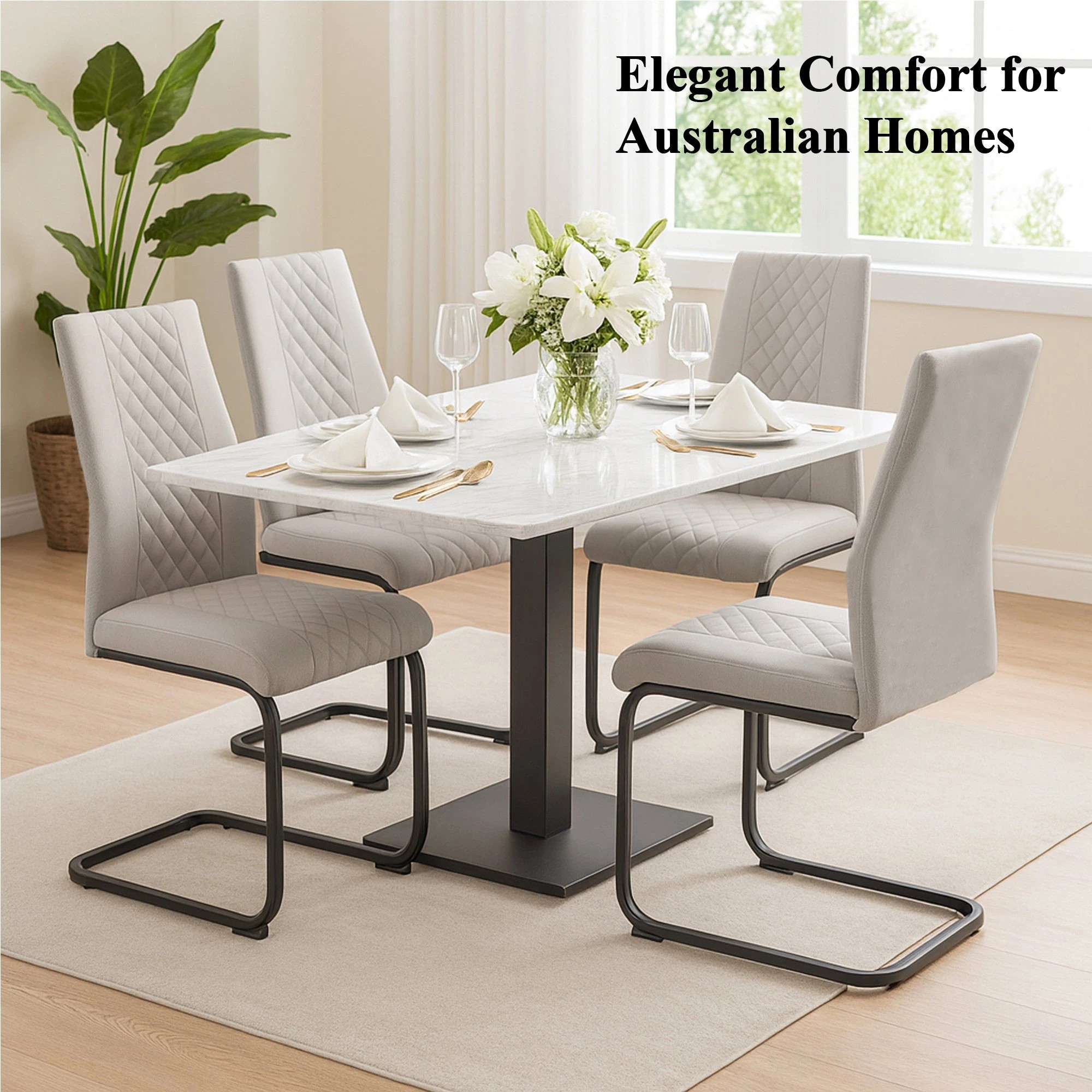 9 Foret Grey Dining Chairs 4pcs Diamond Stitch Design Black Metal Legs Modern, 9 of 10