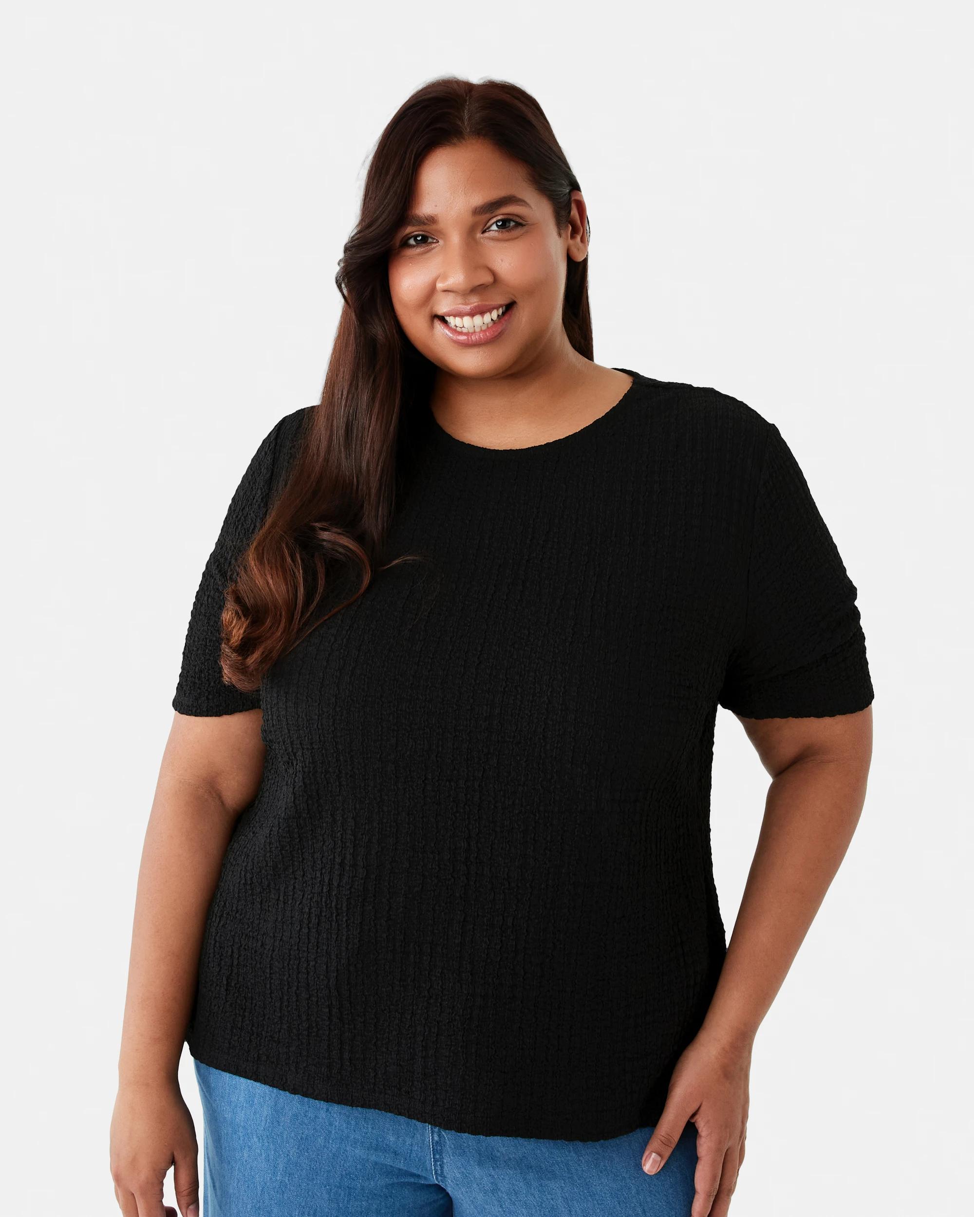 1 Curve Short Sleeve Textured Top Black, 1 of 7