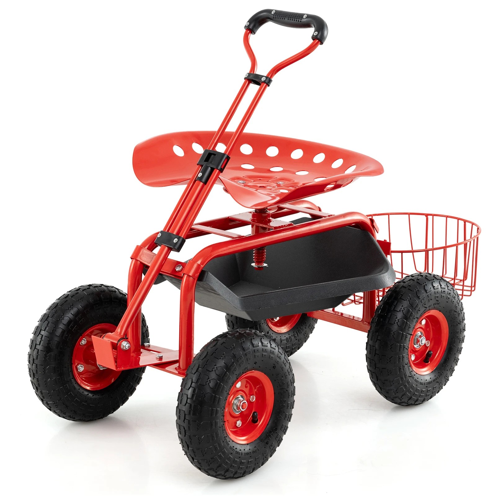 1 Costway Steerable Garden Cart w/Extendable Handle Adjustable Seat & Rubber Wheels Stool Seat - Red, 1 of 3