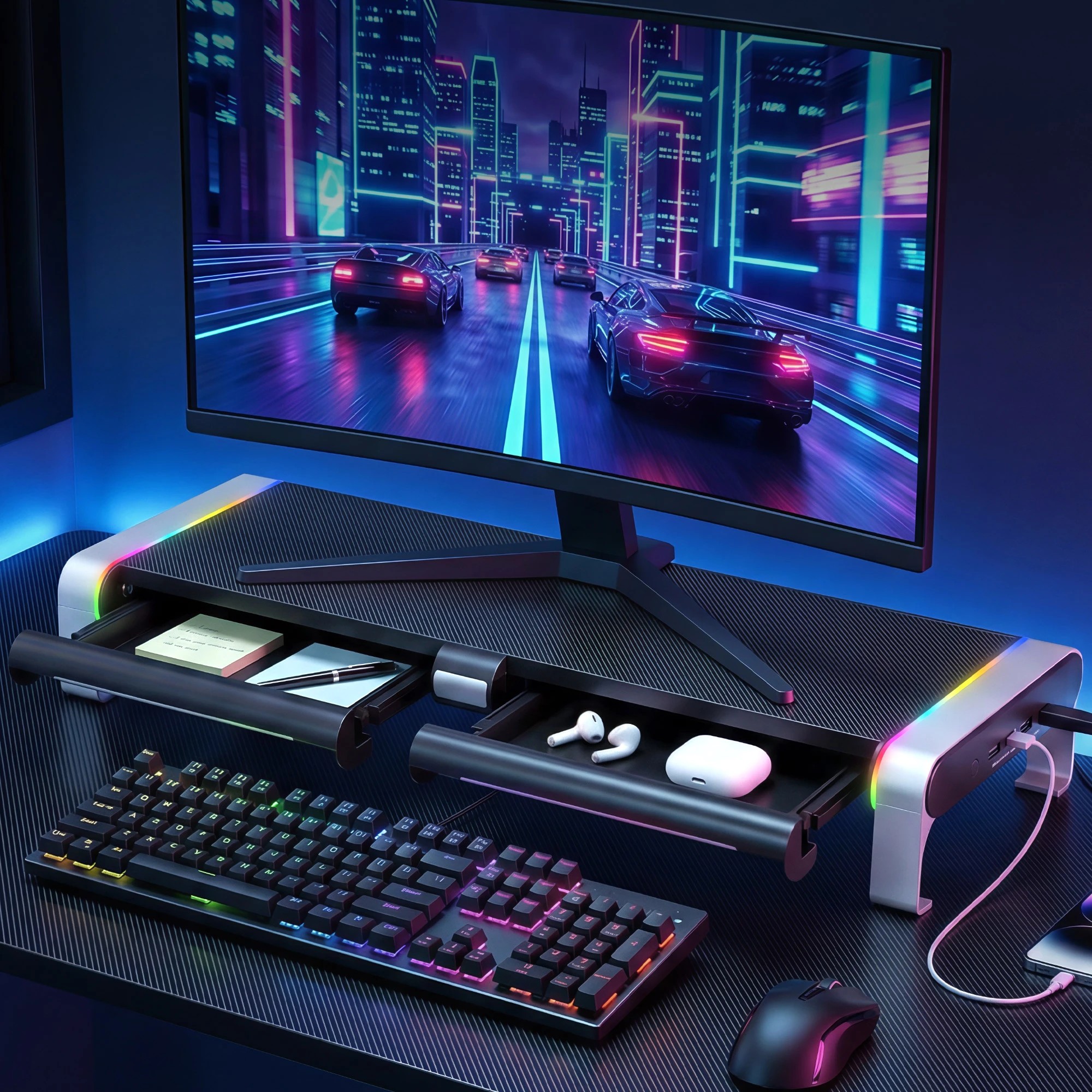 7 Artiss RGB Monitor Stand with USB Hub Desk Organiser Charging Stand Computer - Black, 7 of 7