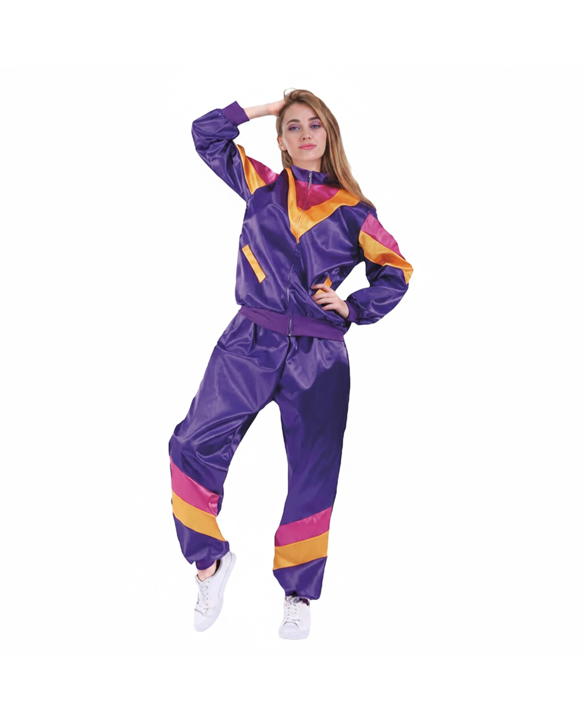 1 Adult 80s Lady Track Suit Costume Satin Like Retro Set S/M - Purple, 1 of 1