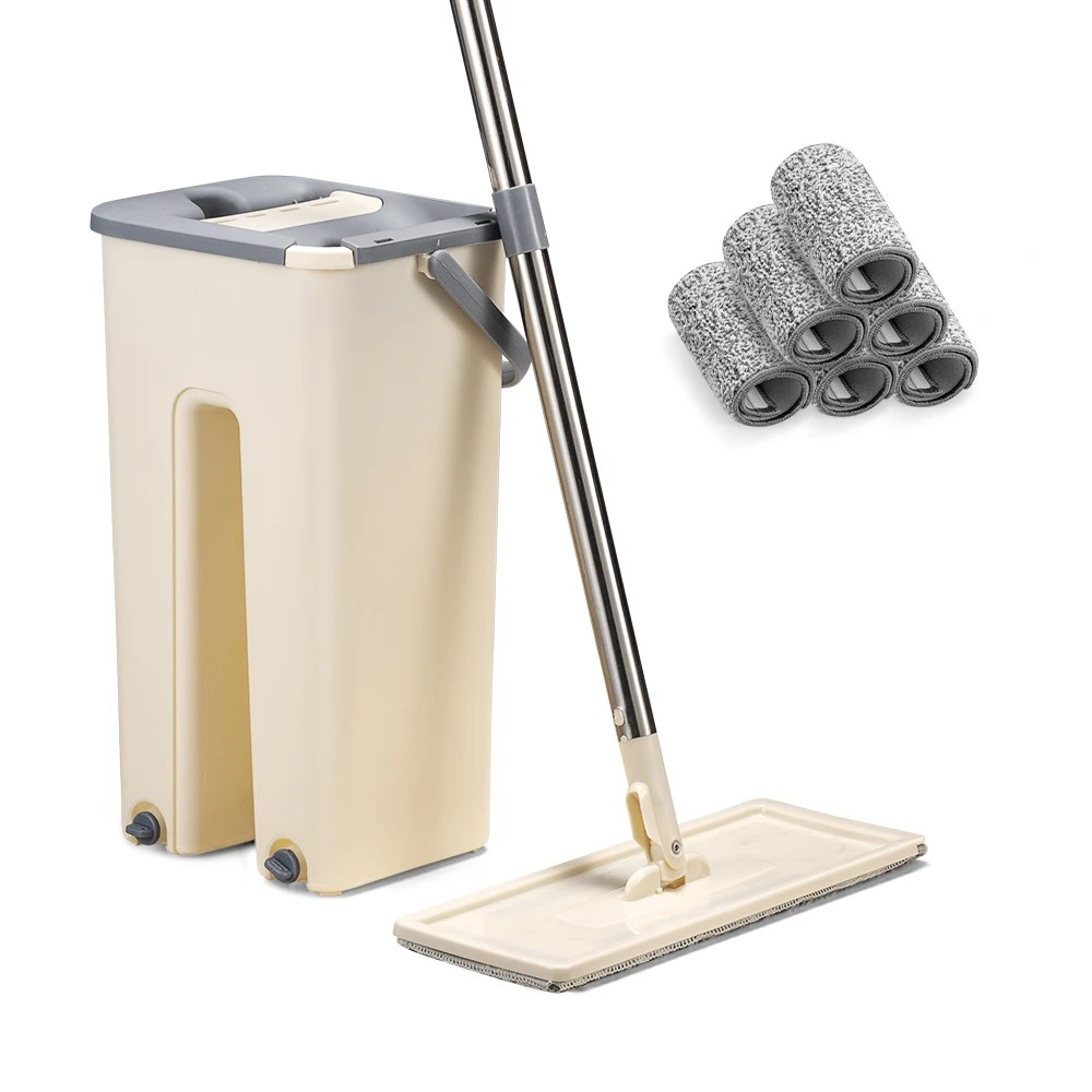 1 ZUNI Flat Mop and Bucket Floor Mop Cleaner Set Wet Dry w/ 6 Heads - White, 1 of 3