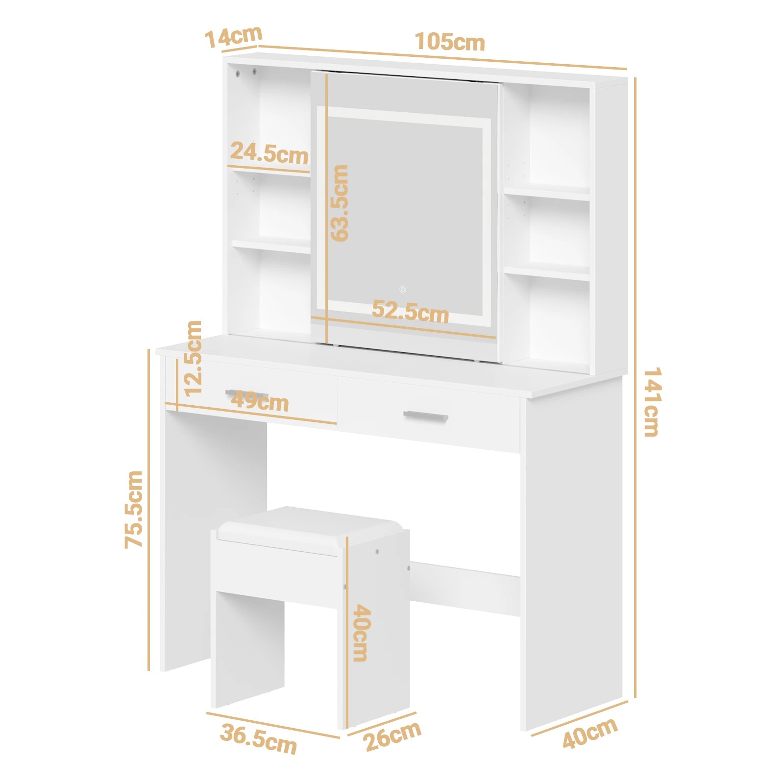 3 Advwin Dressing Table Stool Set With Slide Make Up Led Mirror Vanity Desk With 2 Storage Drawers And Open Storage Shelf, 3 of 7