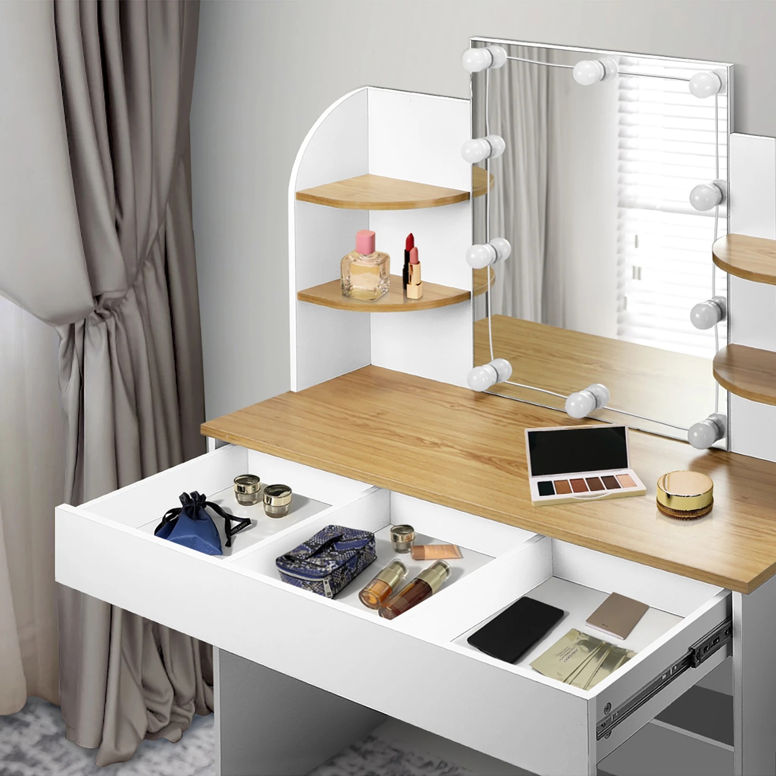 5 Oikiture Dressing Table Stool Set Makeup Mirror Storage Drawer 10led Bulbs
 - White, 5 of 9